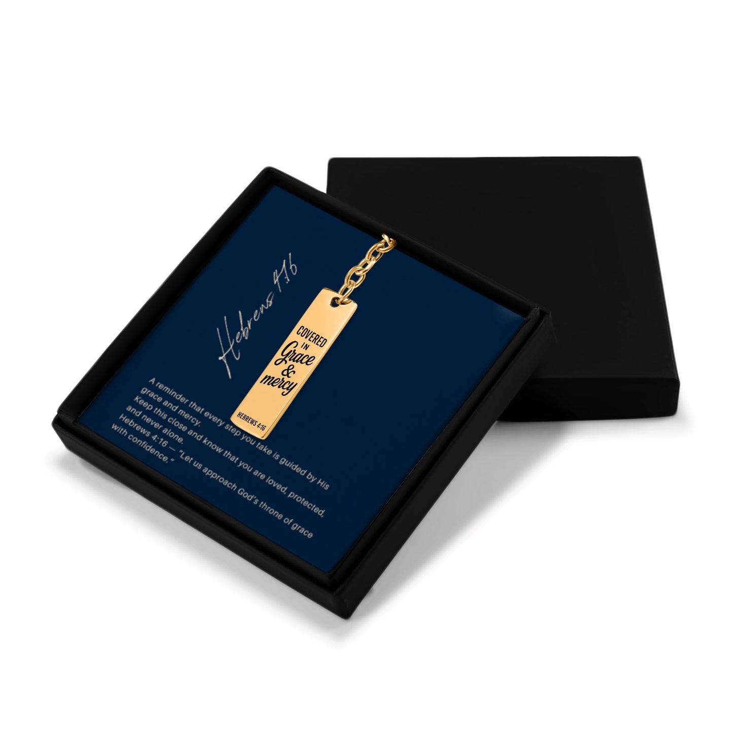 Covered in Grace and Mercy Keychain Engraved Vertical Bar Keychain | Hebrews 4:16 Bible Verse Christian Faith Religious Inspirational Gift Ideas