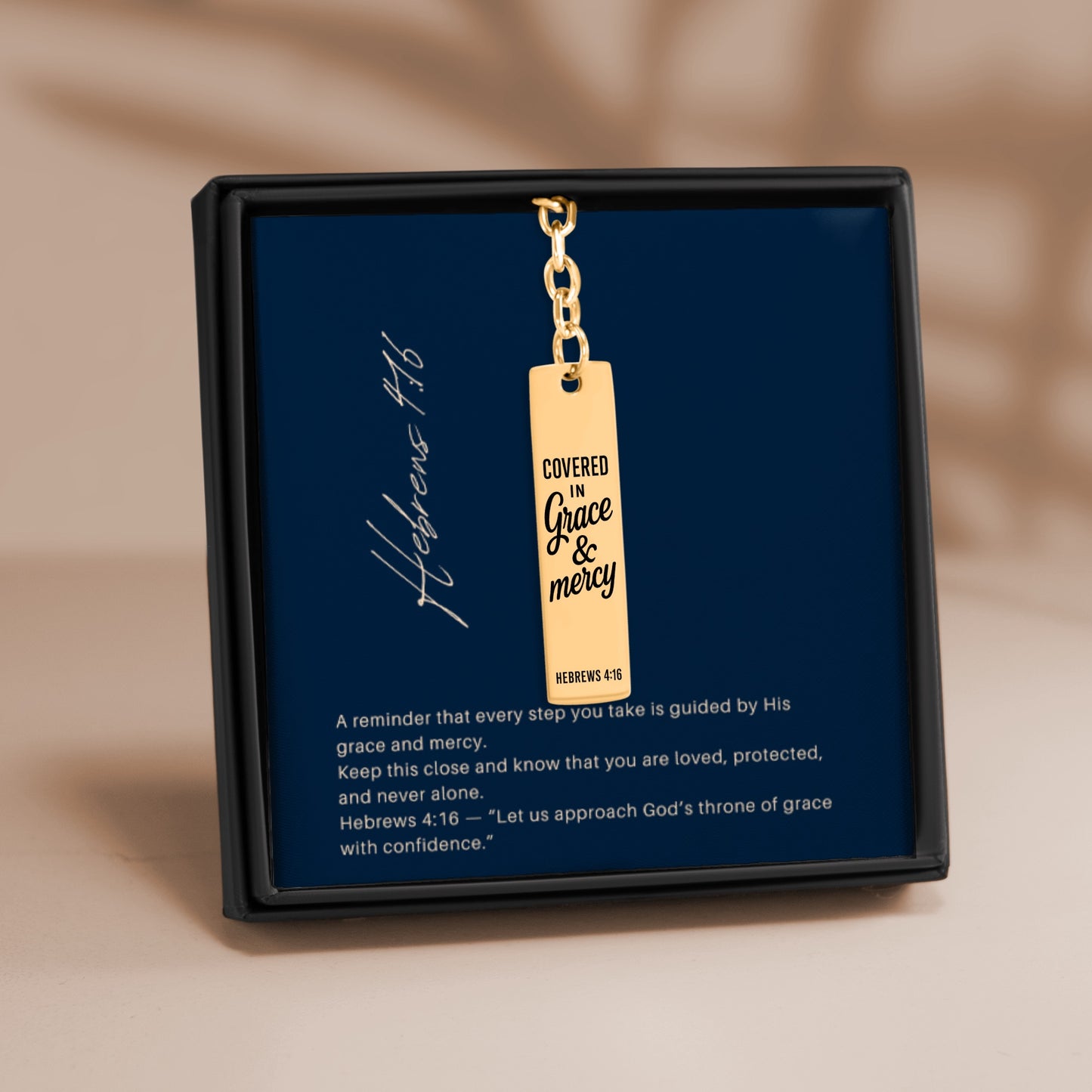 Covered in Grace and Mercy Keychain Engraved Vertical Bar Keychain | Hebrews 4:16 Bible Verse Christian Faith Religious Inspirational Gift Ideas