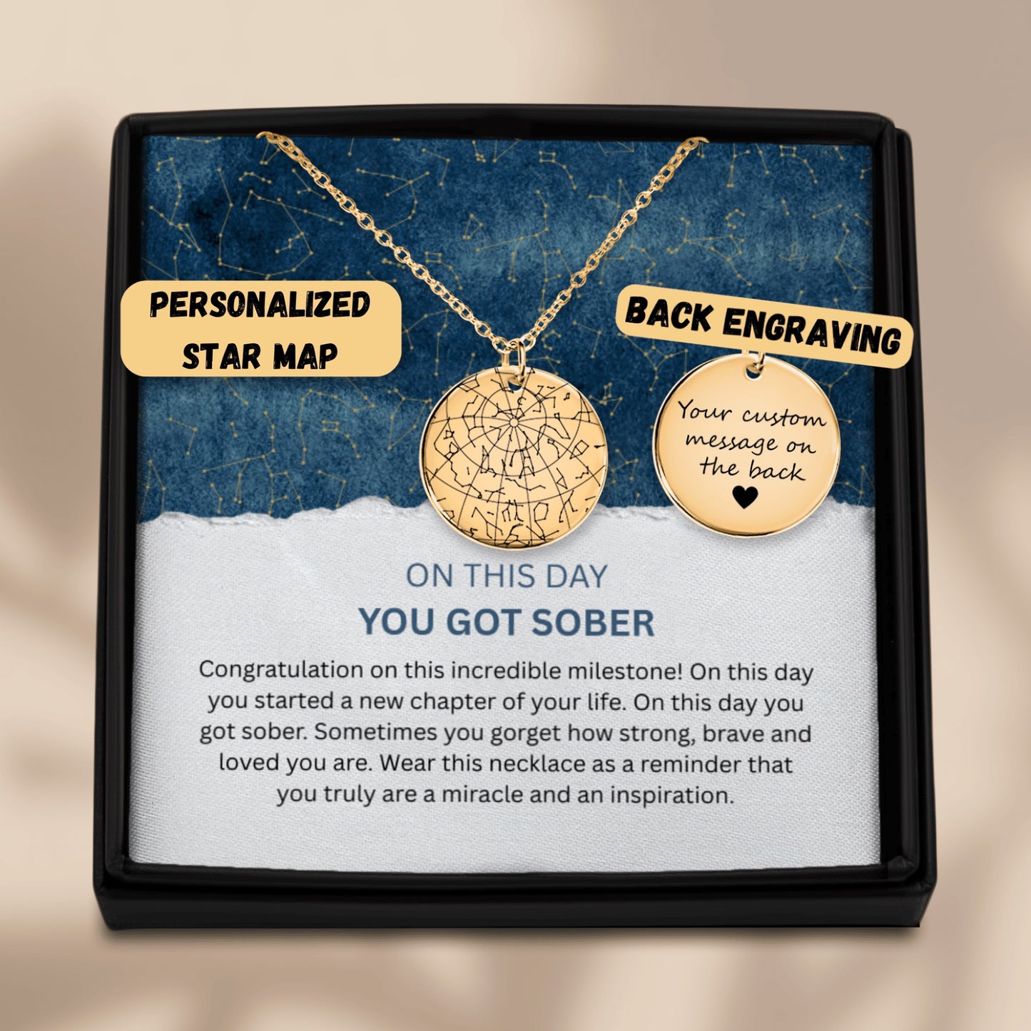 Custom Sober Day Star Map Sobriety Coin Necklace | Anniversary Recovery Encouragement Inspiration Gift for Women