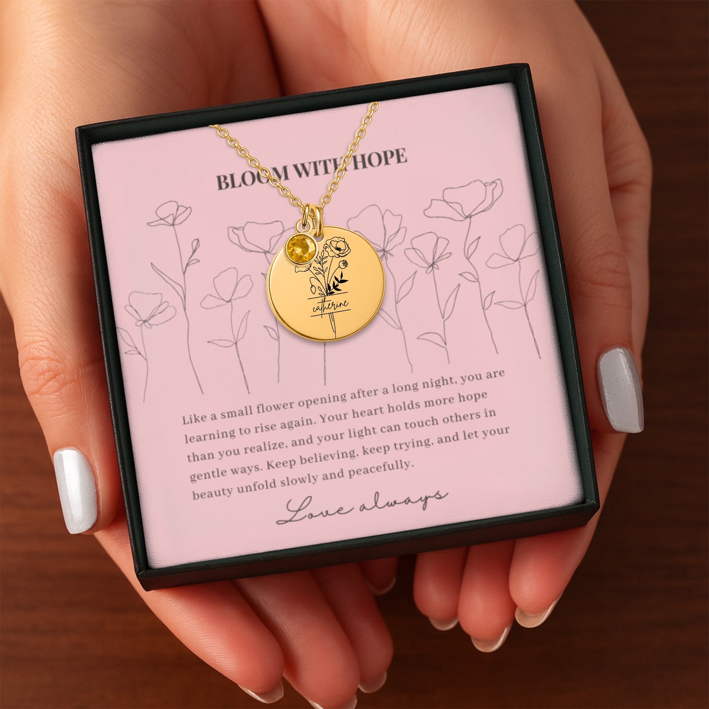 Personalized Name Engraved Floral Coin Necklace with Birthstone Poppy Flower Message Card | Hunting Birthday Christmas Gift Ideas