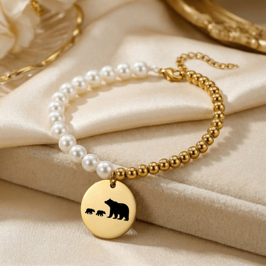 Personalized MAMA BEAR And CUBS Premium Pearl & Gold Coin Bracelet | Gift for Her | Birthday Mother's Day
