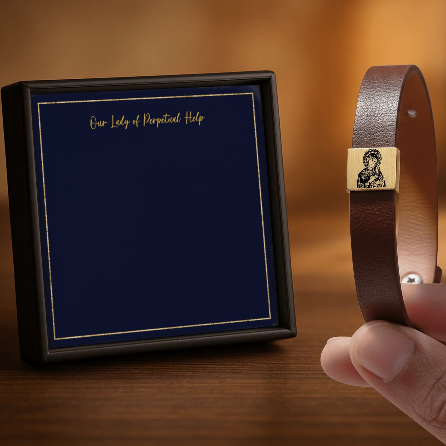 Mary and Jesus, Our Lady of Perpetual Help Premium Engraved Men's Leather Bracelet