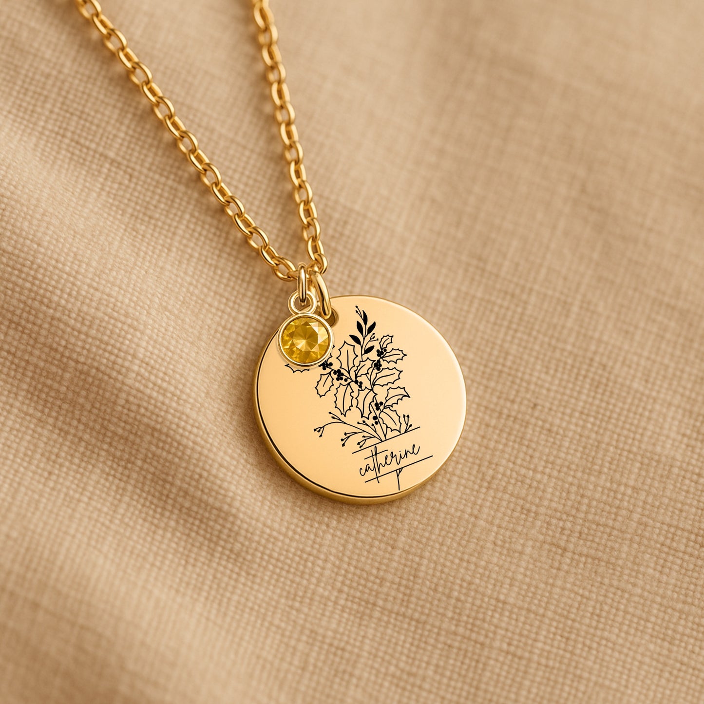 Personalized Name Engraved Floral Coin Necklace with Birthstone Holly & Berries Flower Message Card | Hunting Birthday Christmas Gift Ideas