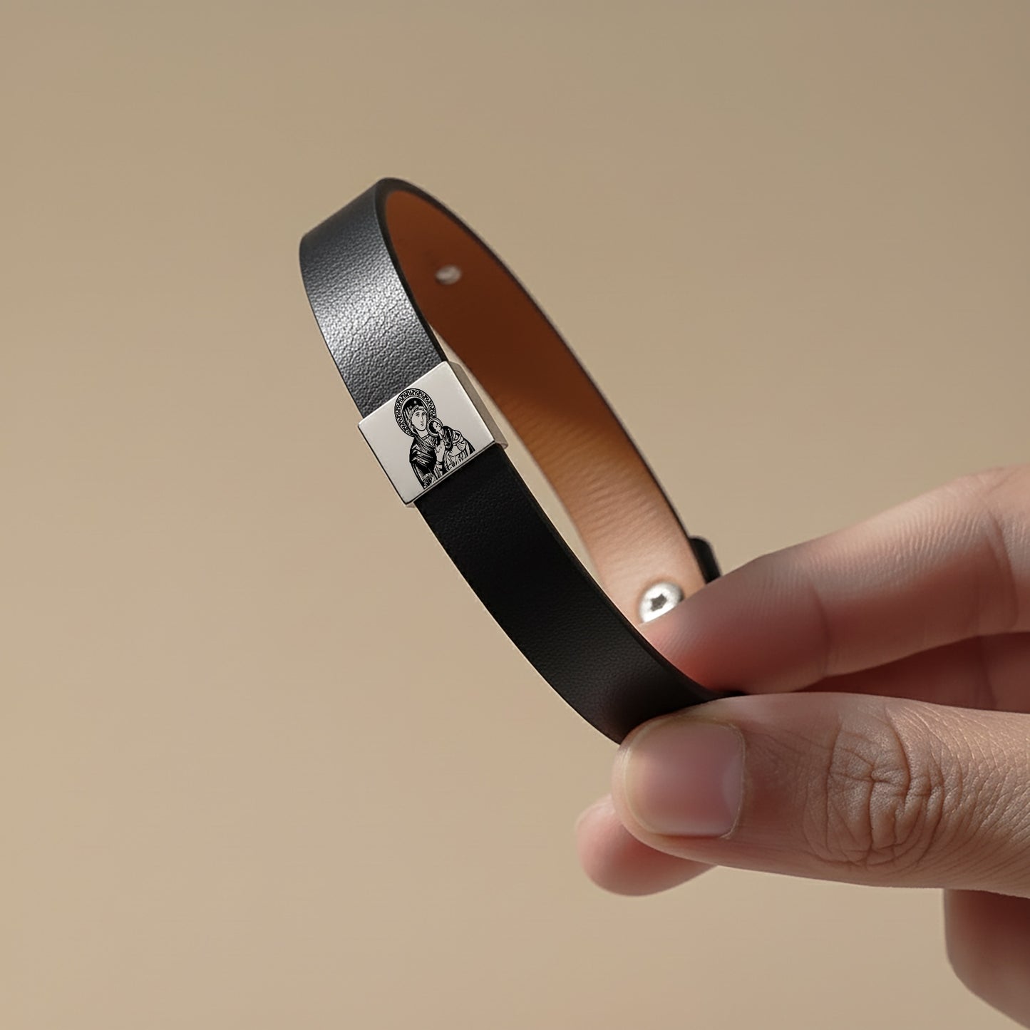 Mary and Jesus, Our Lady of Perpetual Help Premium Engraved Men's Leather Bracelet