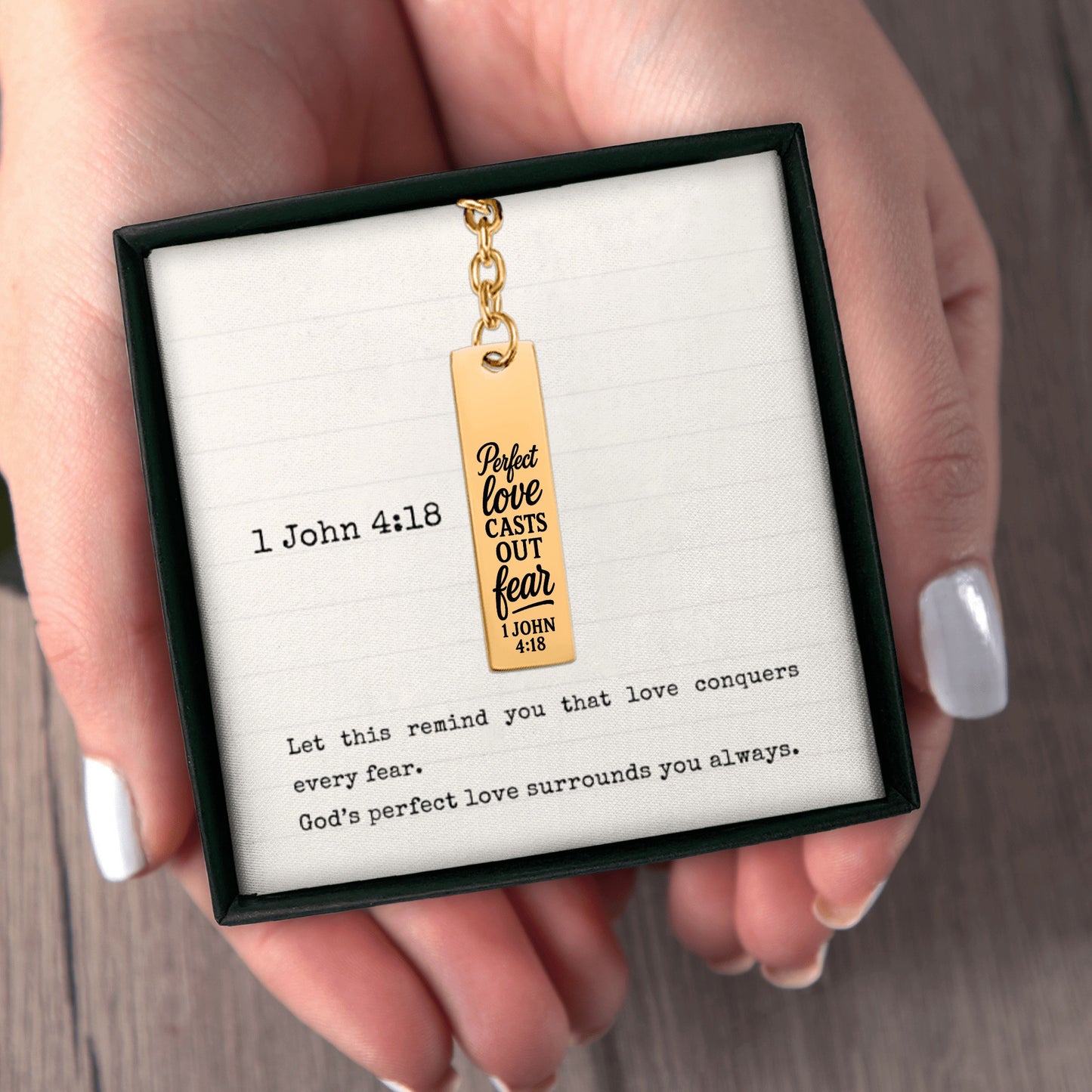 1 John 4:18 Perfect Love Casts Out Fear Engraved Vertical Bar Keychain | Bible Verse Christian Faith Religious Inspirational Gift Ideas