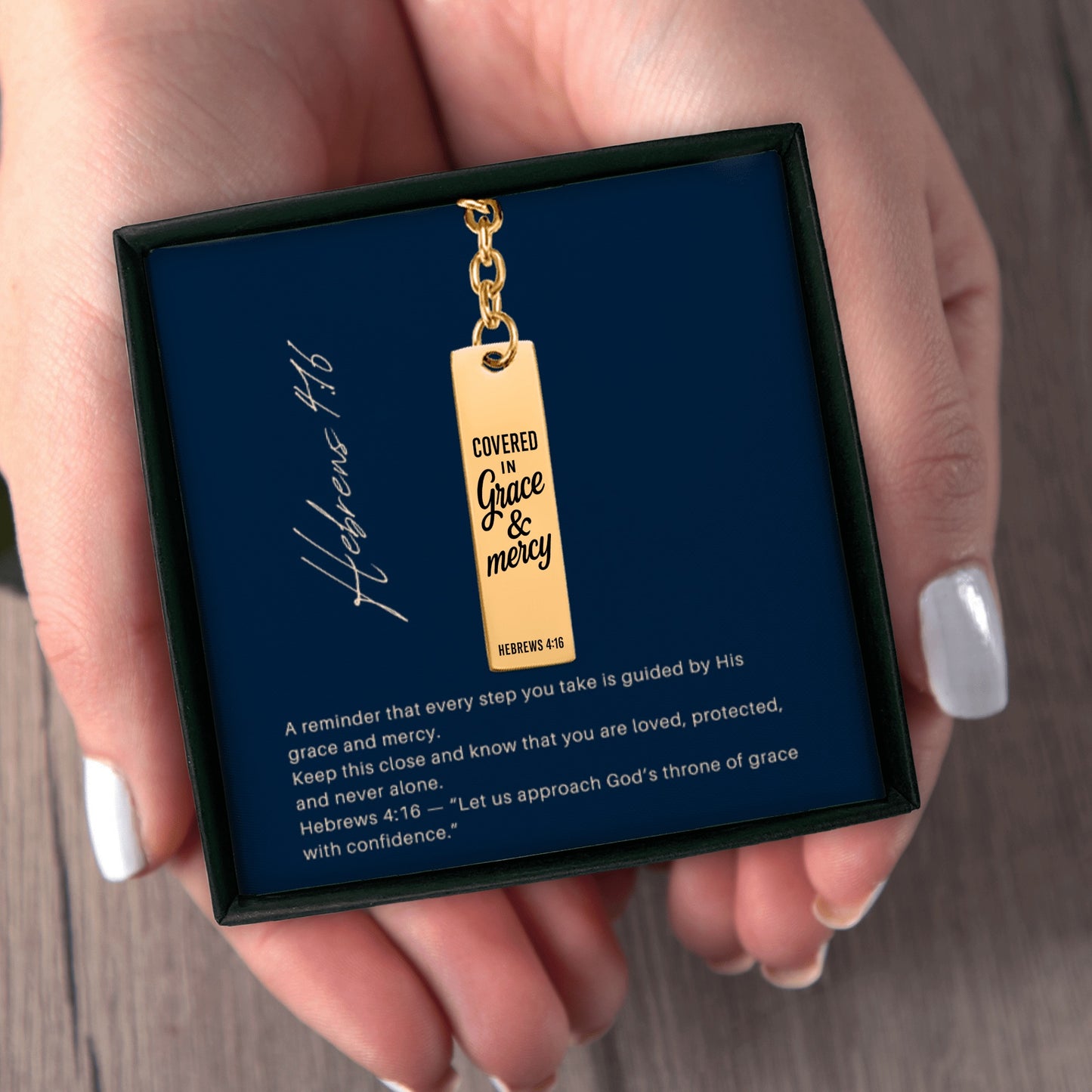 Covered in Grace and Mercy Keychain Engraved Vertical Bar Keychain | Hebrews 4:16 Bible Verse Christian Faith Religious Inspirational Gift Ideas