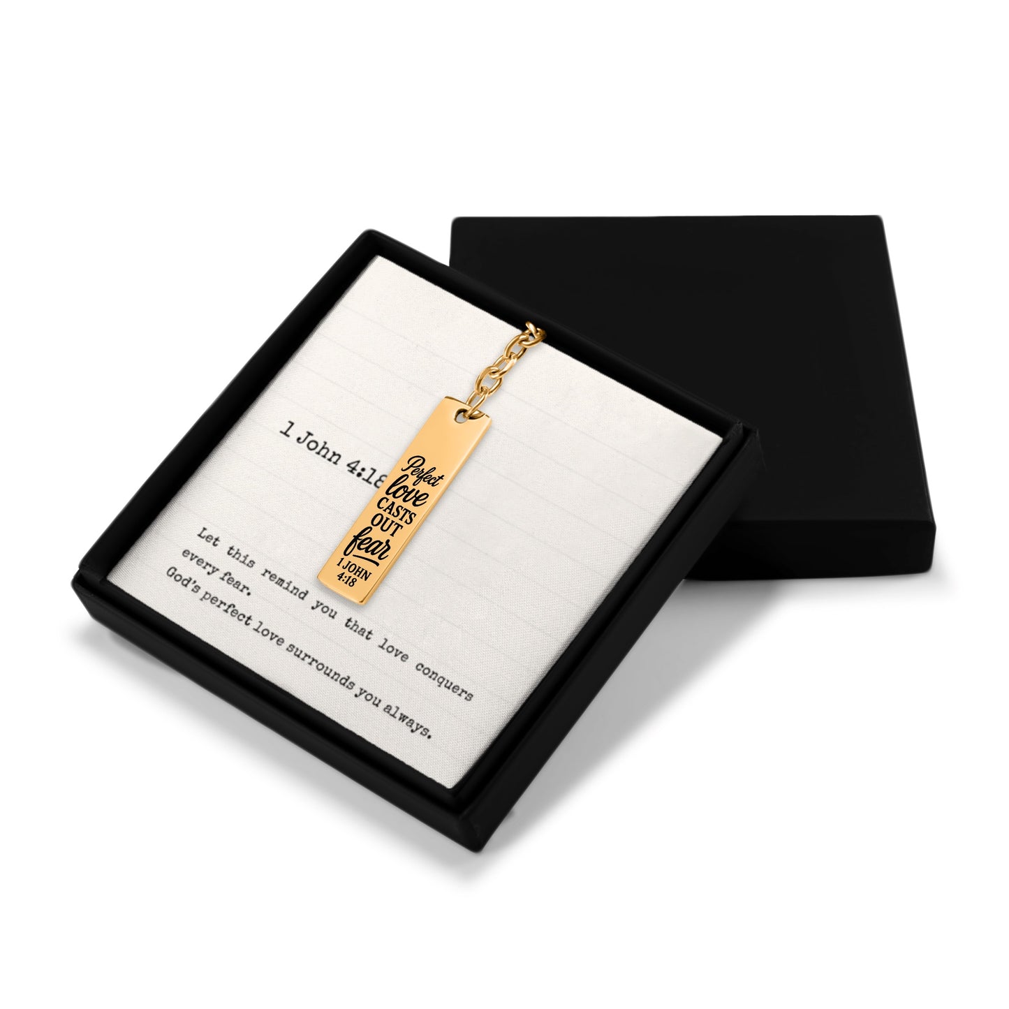 1 John 4:18 Perfect Love Casts Out Fear Engraved Vertical Bar Keychain | Bible Verse Christian Faith Religious Inspirational Gift Ideas