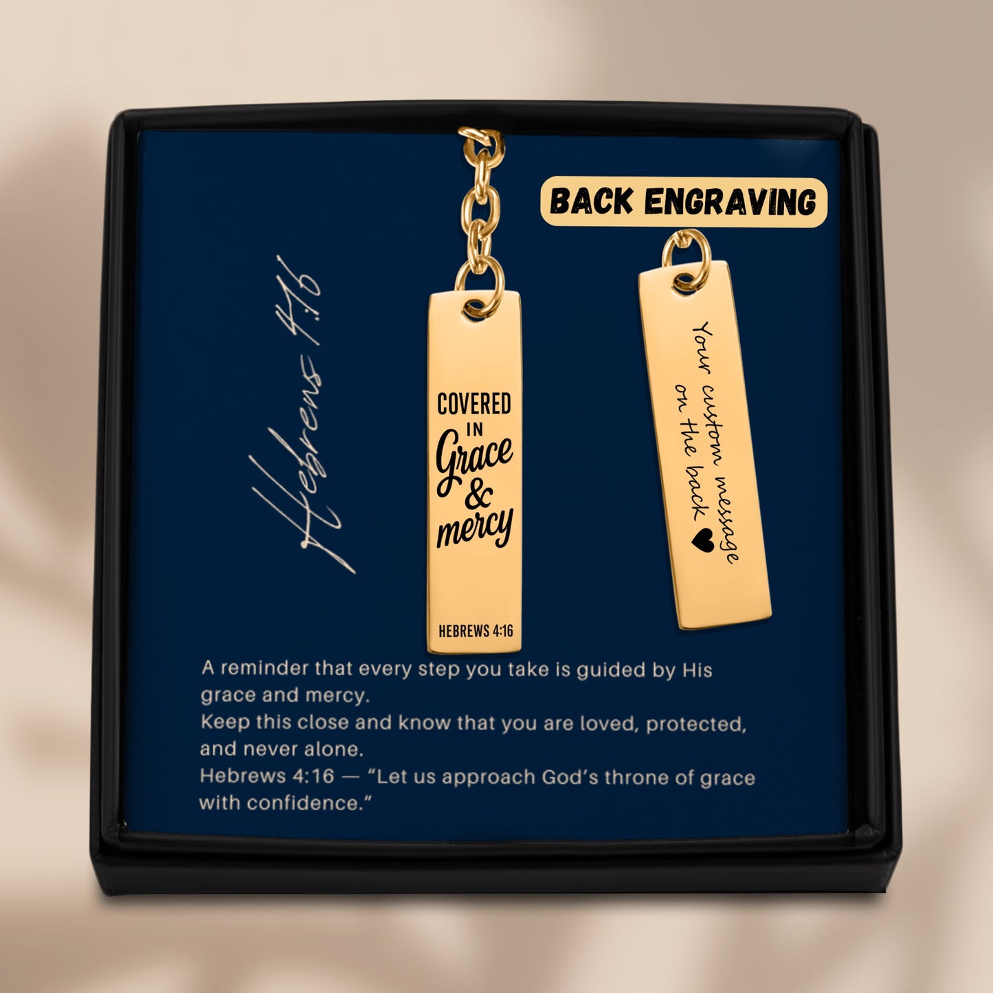 Covered in Grace and Mercy Keychain Engraved Vertical Bar Keychain | Hebrews 4:16 Bible Verse Christian Faith Religious Inspirational Gift Ideas