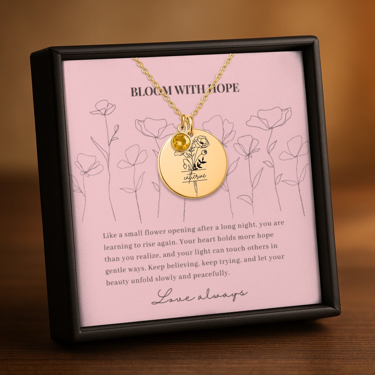 Personalized Name Engraved Floral Coin Necklace with Birthstone Poppy Flower Message Card | Hunting Birthday Christmas Gift Ideas