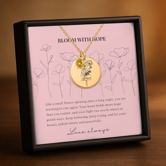 Personalized Name Engraved Floral Coin Necklace with Birthstone Poppy Flower Message Card | Hunting Birthday Christmas Gift Ideas