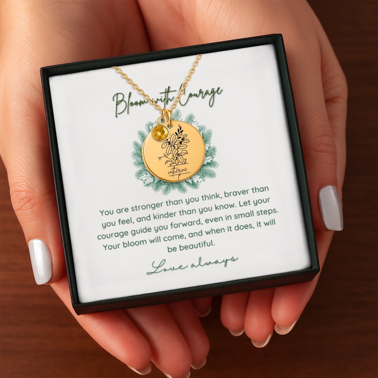 Personalized Name Engraved Floral Coin Necklace with Birthstone Holly & Berries Flower Message Card | Hunting Birthday Christmas Gift Ideas