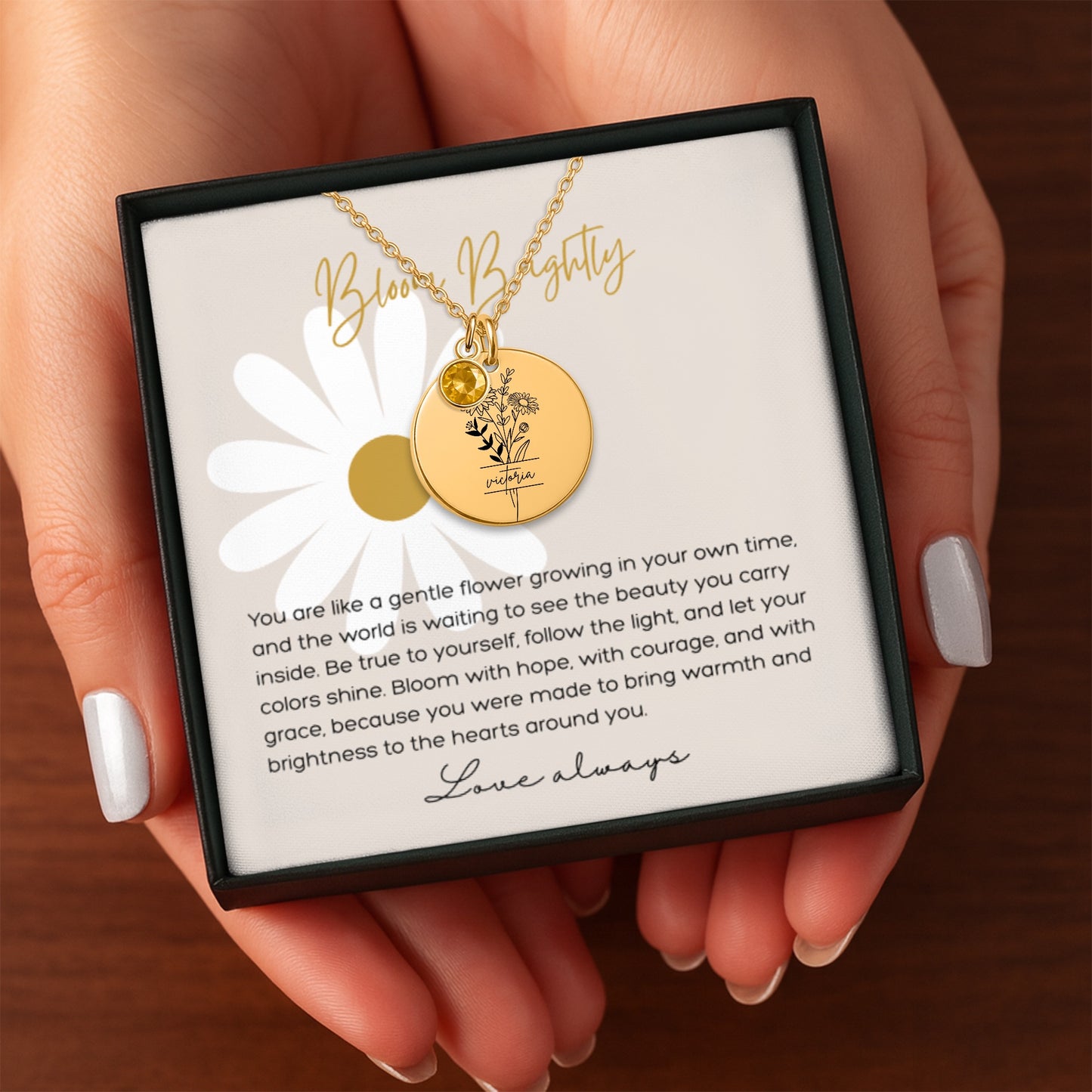 Personalized Name Engraved Floral Coin Necklace with Birthstone Daisy Flower Message Card | Hunting Birthday Christmas Gift Ideas