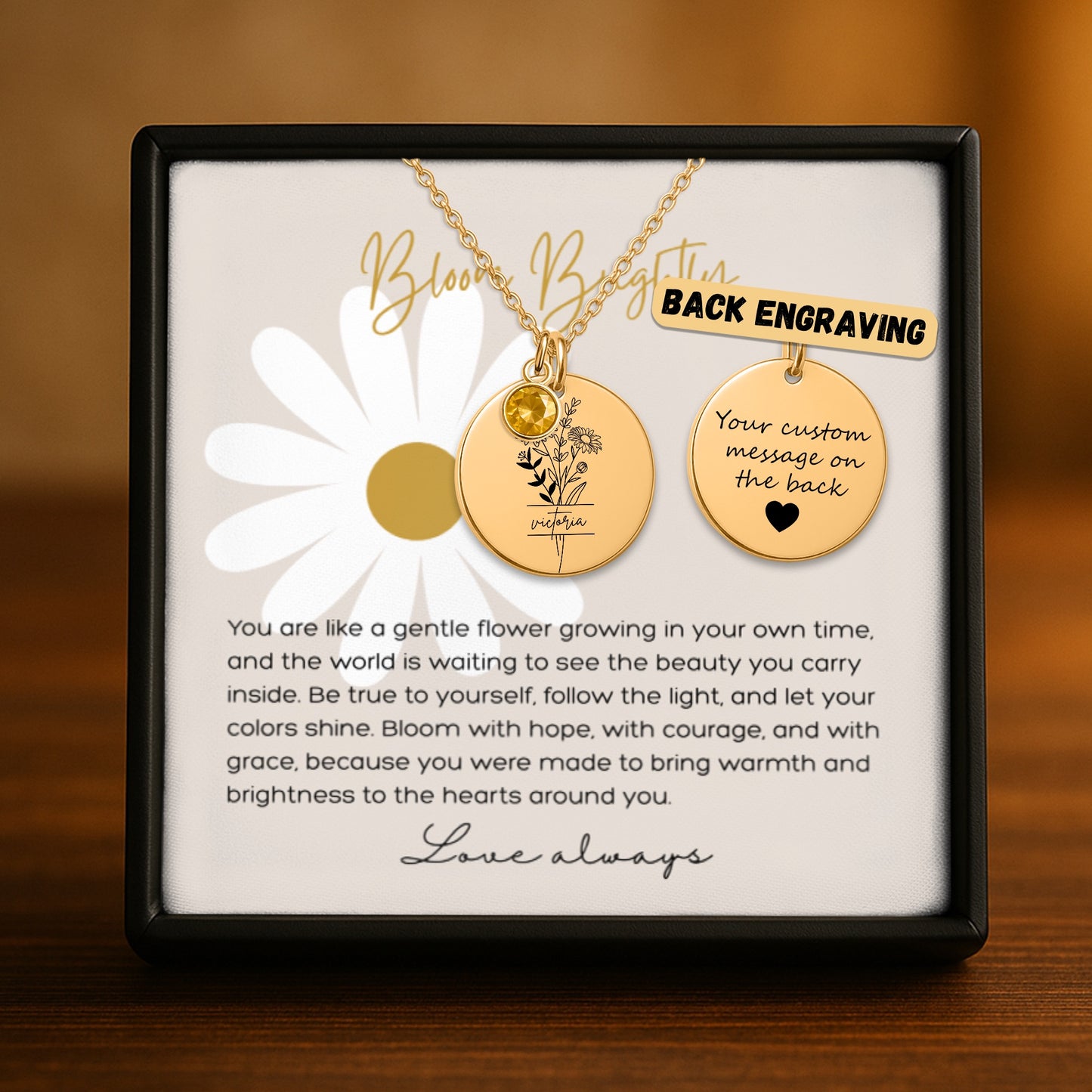 Personalized Name Engraved Floral Coin Necklace with Birthstone Daisy Flower Message Card | Hunting Birthday Christmas Gift Ideas