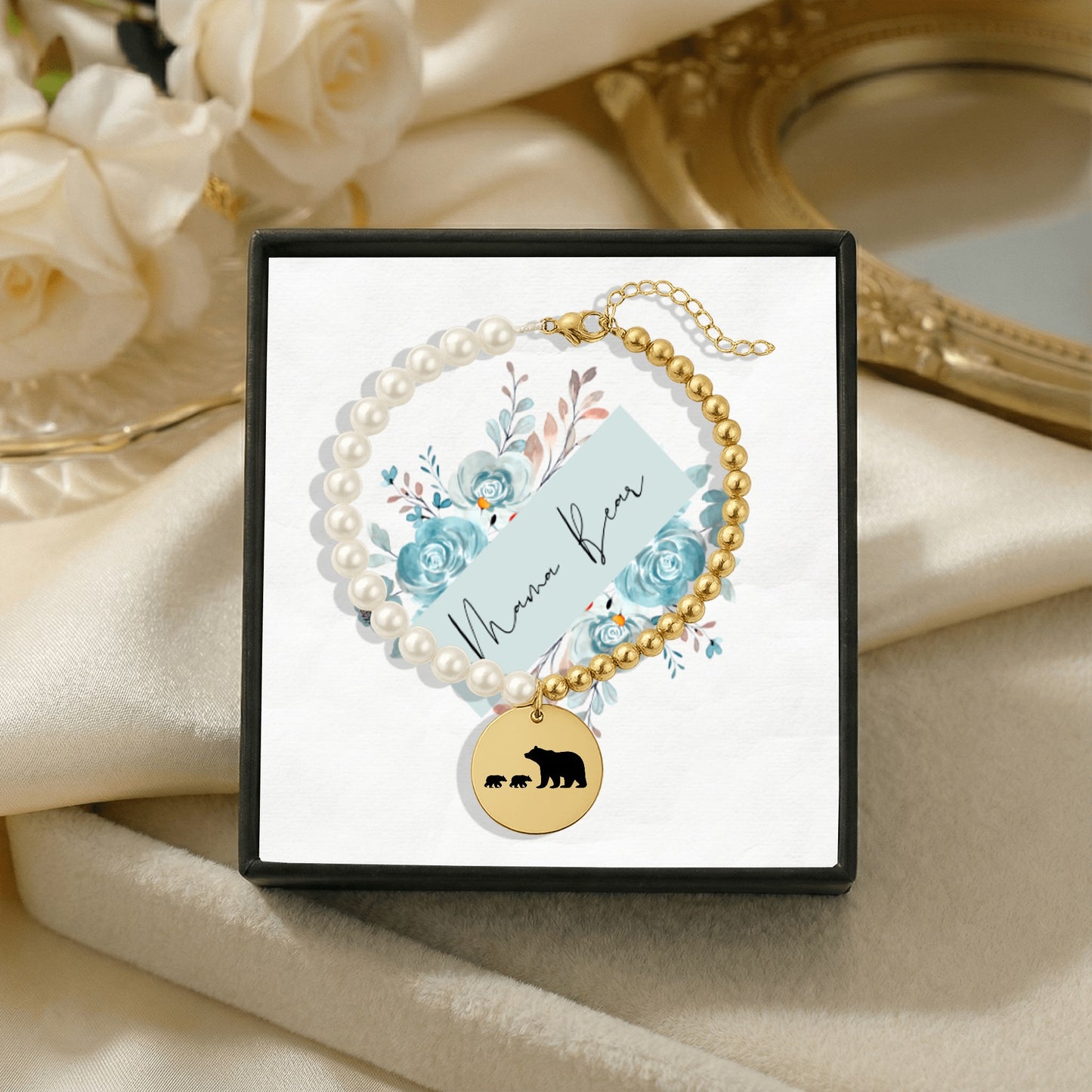 Personalized MAMA BEAR And CUBS Premium Pearl & Gold Coin Bracelet | Gift for Her | Birthday Mother's Day