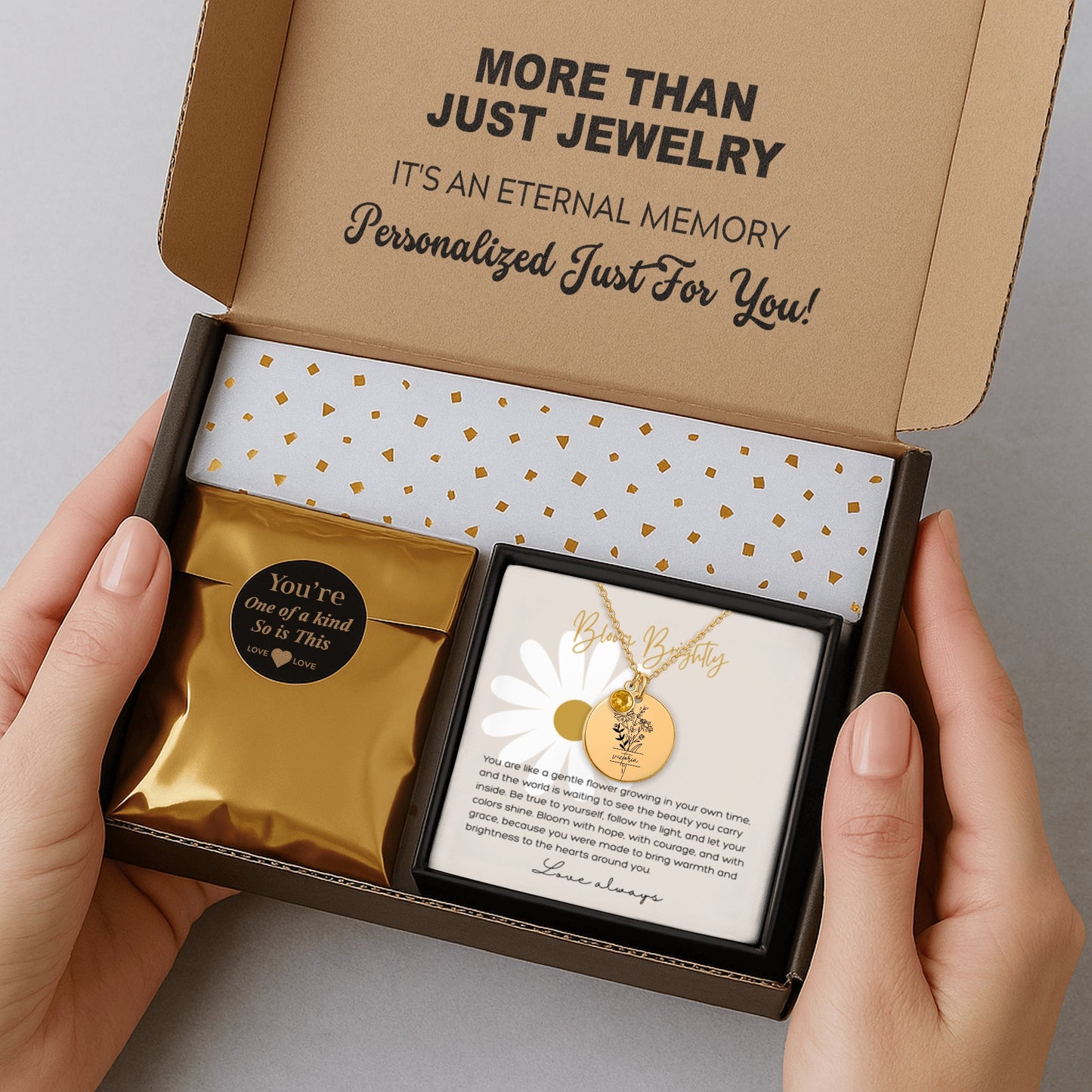 Personalized Name Engraved Floral Coin Necklace with Birthstone Daisy Flower Message Card | Hunting Birthday Christmas Gift Ideas