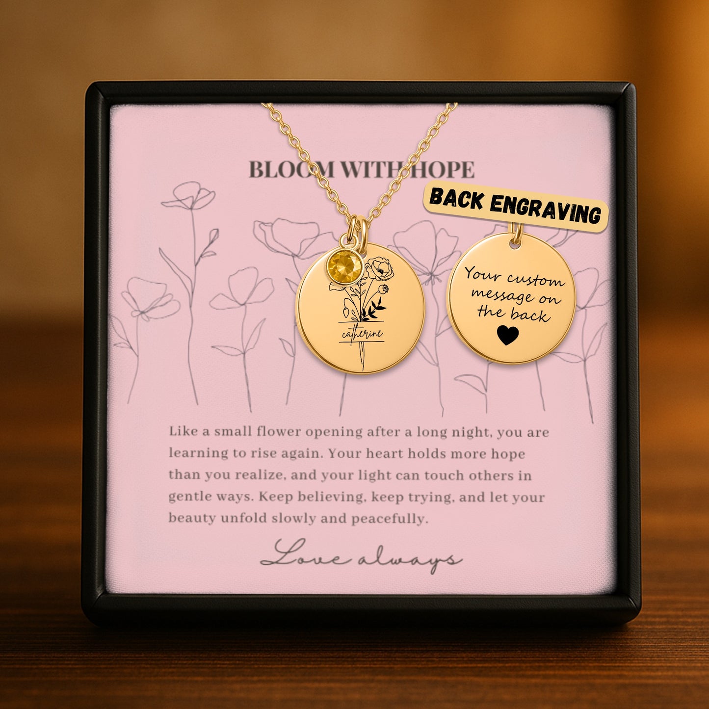 Personalized Name Engraved Floral Coin Necklace with Birthstone Poppy Flower Message Card | Hunting Birthday Christmas Gift Ideas