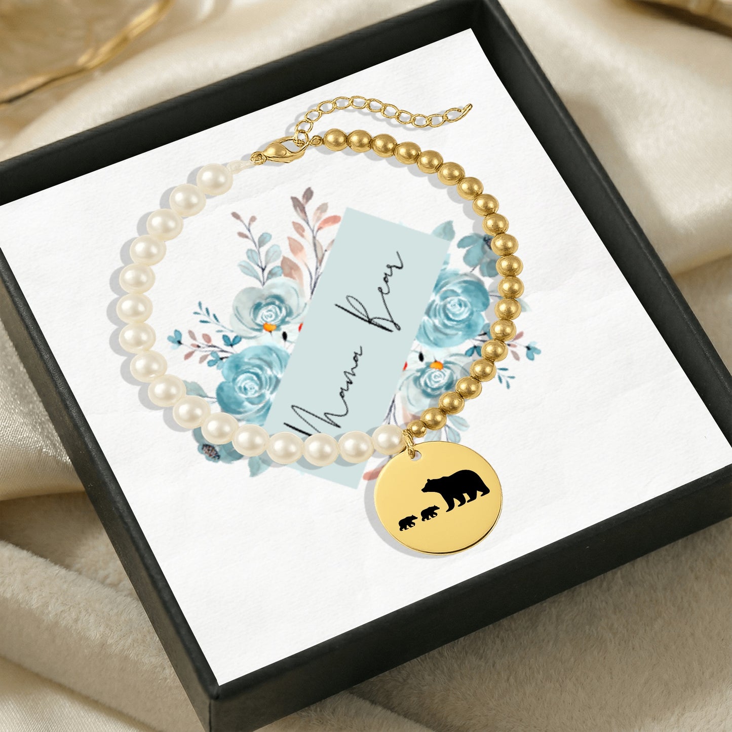 Personalized MAMA BEAR And CUBS Premium Pearl & Gold Coin Bracelet | Gift for Her | Birthday Mother's Day
