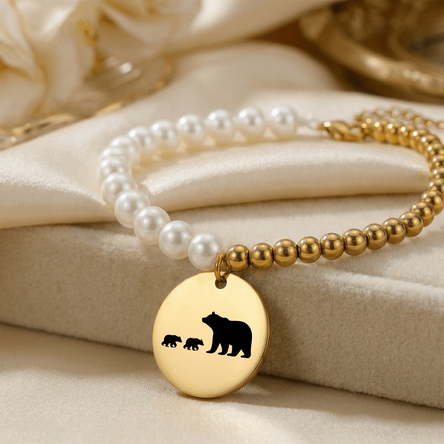Personalized MAMA BEAR And CUBS Premium Pearl & Gold Coin Bracelet | Gift for Her | Birthday Mother's Day