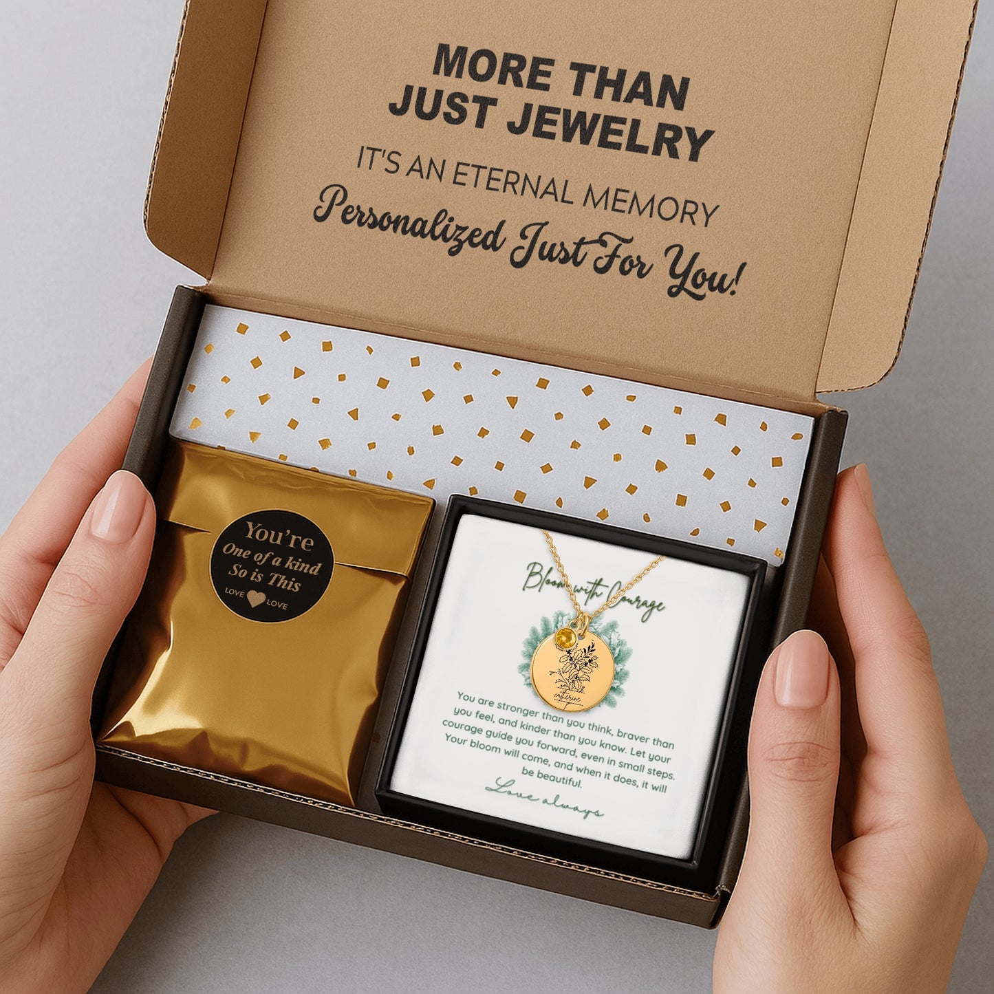 Personalized Name Engraved Floral Coin Necklace with Birthstone Holly & Berries Flower Message Card | Hunting Birthday Christmas Gift Ideas