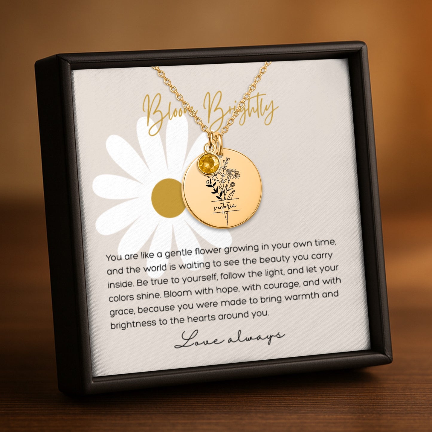 Personalized Name Engraved Floral Coin Necklace with Birthstone Daisy Flower Message Card | Hunting Birthday Christmas Gift Ideas