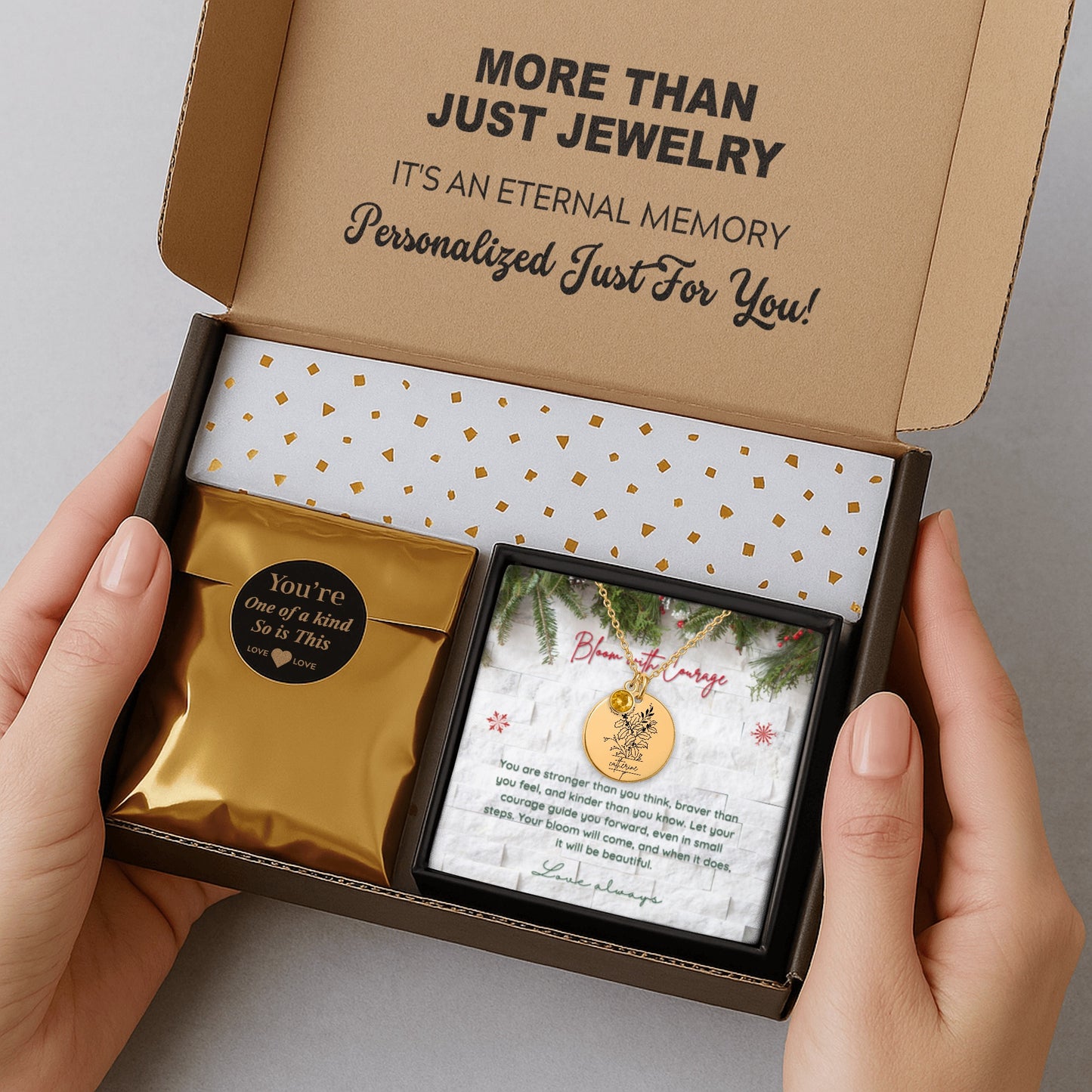 Personalized Name Engraved Floral Coin Necklace with Birthstone Holly & Berries Flower Message Card | Hunting Birthday Christmas Gift Ideas