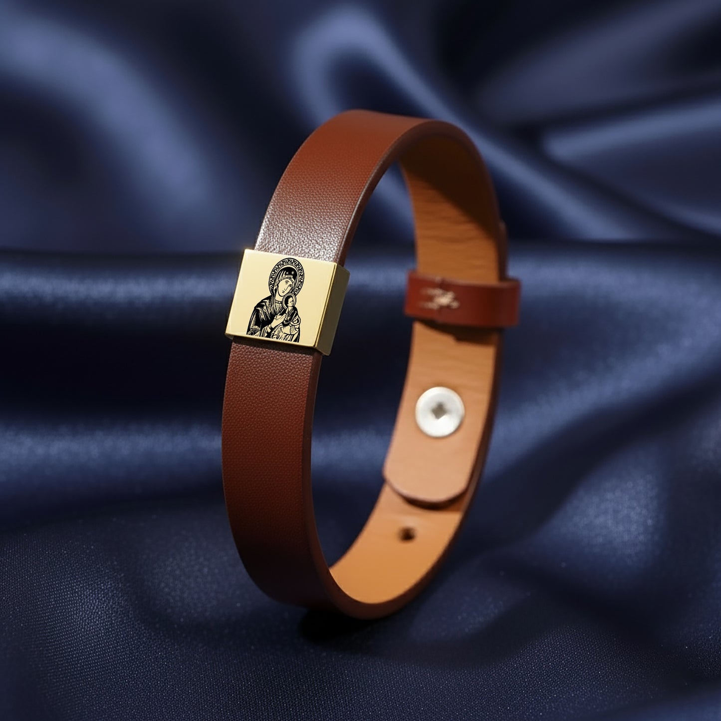 Mary and Jesus, Our Lady of Perpetual Help Premium Engraved Men's Leather Bracelet