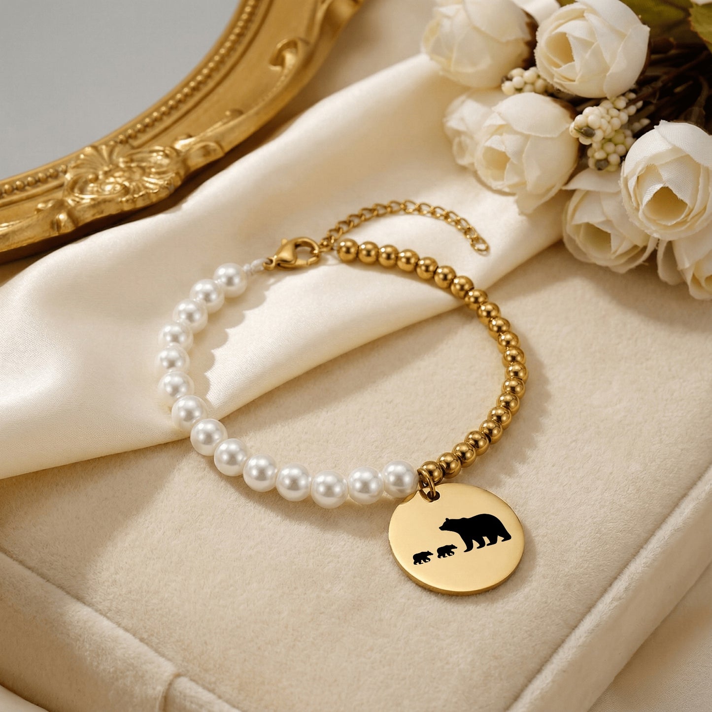 Personalized MAMA BEAR And CUBS Premium Pearl & Gold Coin Bracelet | Gift for Her | Birthday Mother's Day