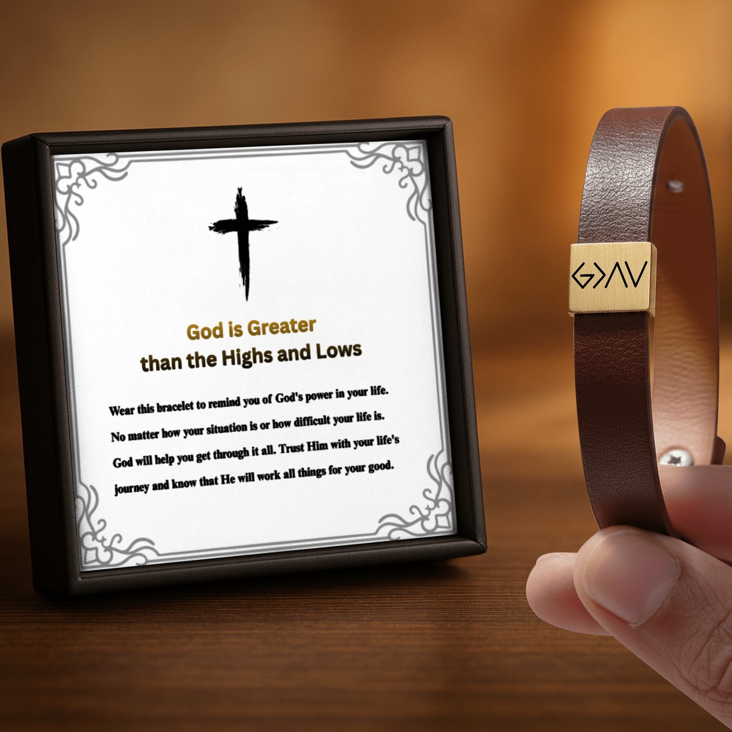 God is Greater than the Highs and Lows Premium Engraved Men's Leather Bracelet