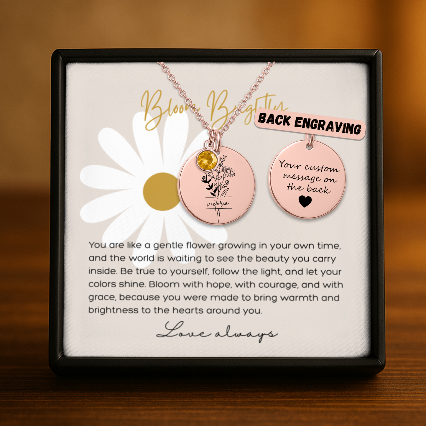 Personalized Name Engraved Floral Coin Necklace with Birthstone Daisy Flower Message Card | Hunting Birthday Christmas Gift Ideas