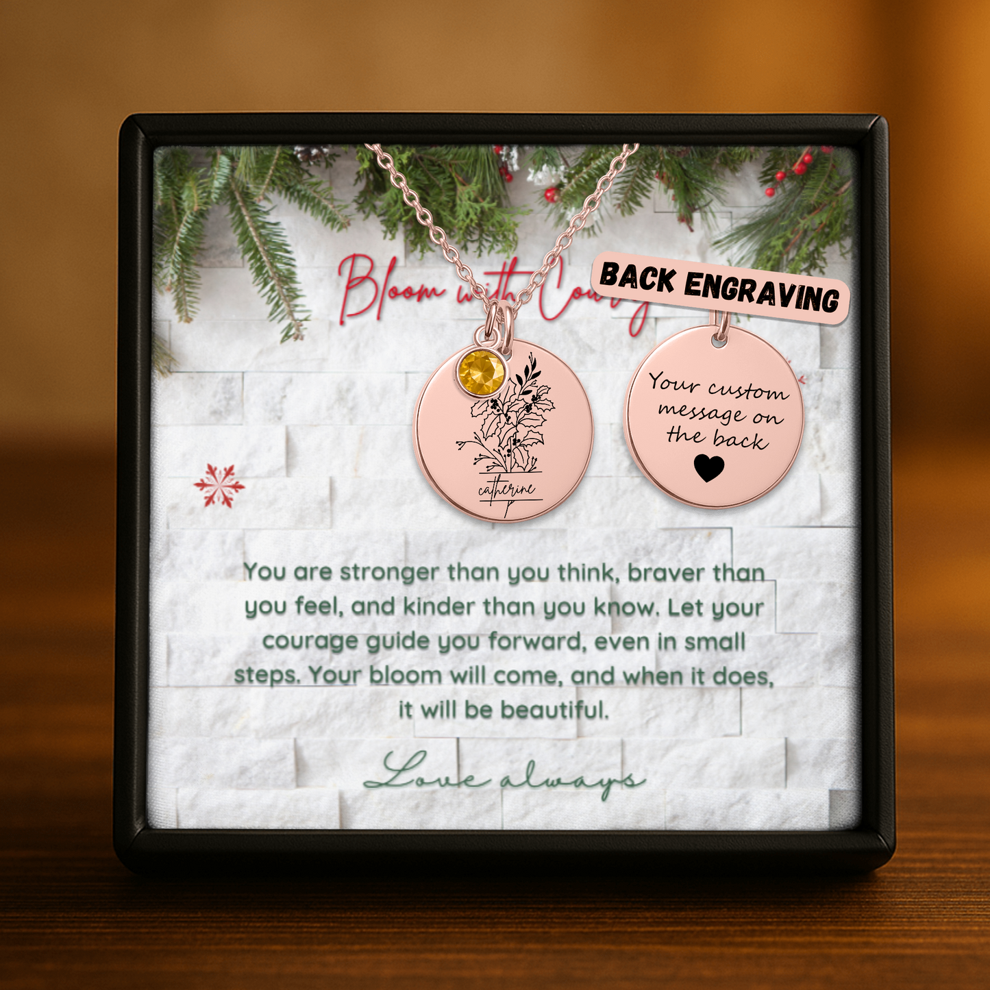 Personalized Name Engraved Floral Coin Necklace with Birthstone Holly & Berries Flower Message Card | Hunting Birthday Christmas Gift Ideas