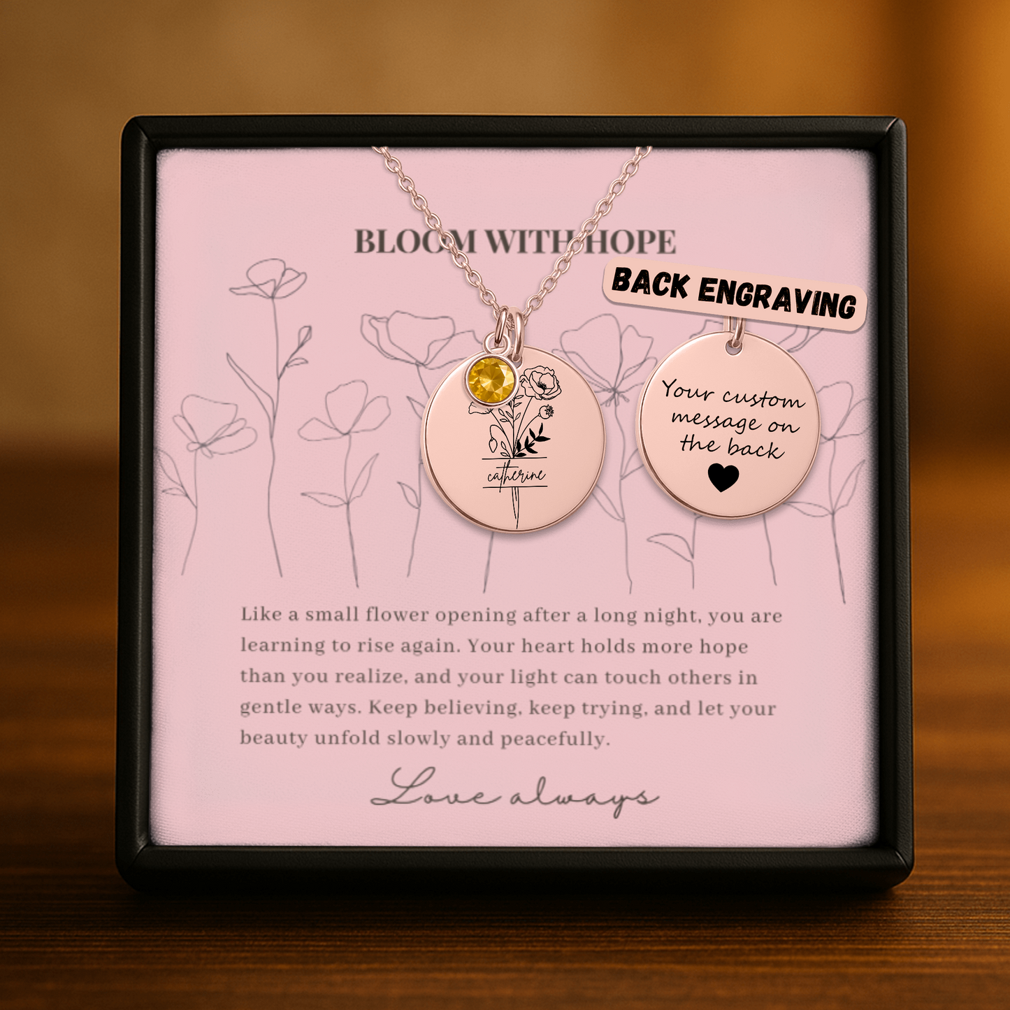 Personalized Name Engraved Floral Coin Necklace with Birthstone Poppy Flower Message Card | Hunting Birthday Christmas Gift Ideas