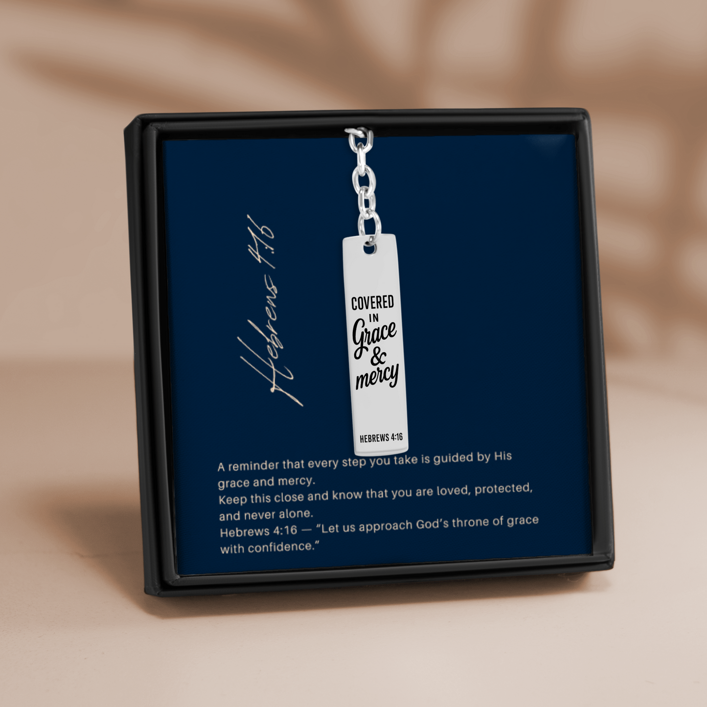 Covered in Grace and Mercy Keychain Engraved Vertical Bar Keychain | Hebrews 4:16 Bible Verse Christian Faith Religious Inspirational Gift Ideas