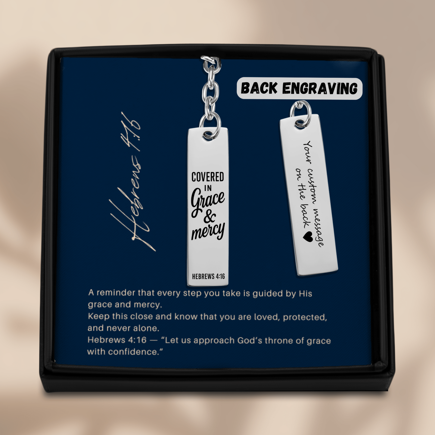 Covered in Grace and Mercy Keychain Engraved Vertical Bar Keychain | Hebrews 4:16 Bible Verse Christian Faith Religious Inspirational Gift Ideas