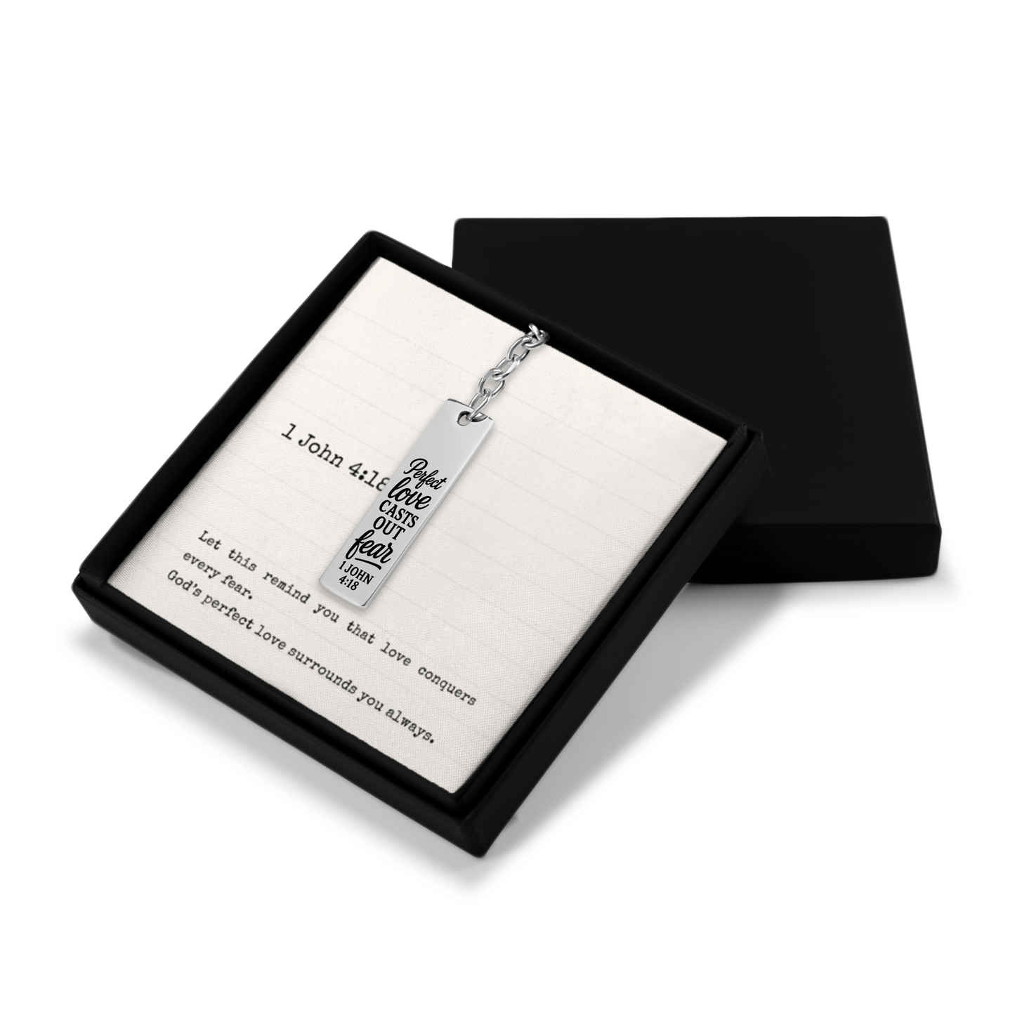 1 John 4:18 Perfect Love Casts Out Fear Engraved Vertical Bar Keychain | Bible Verse Christian Faith Religious Inspirational Gift Ideas