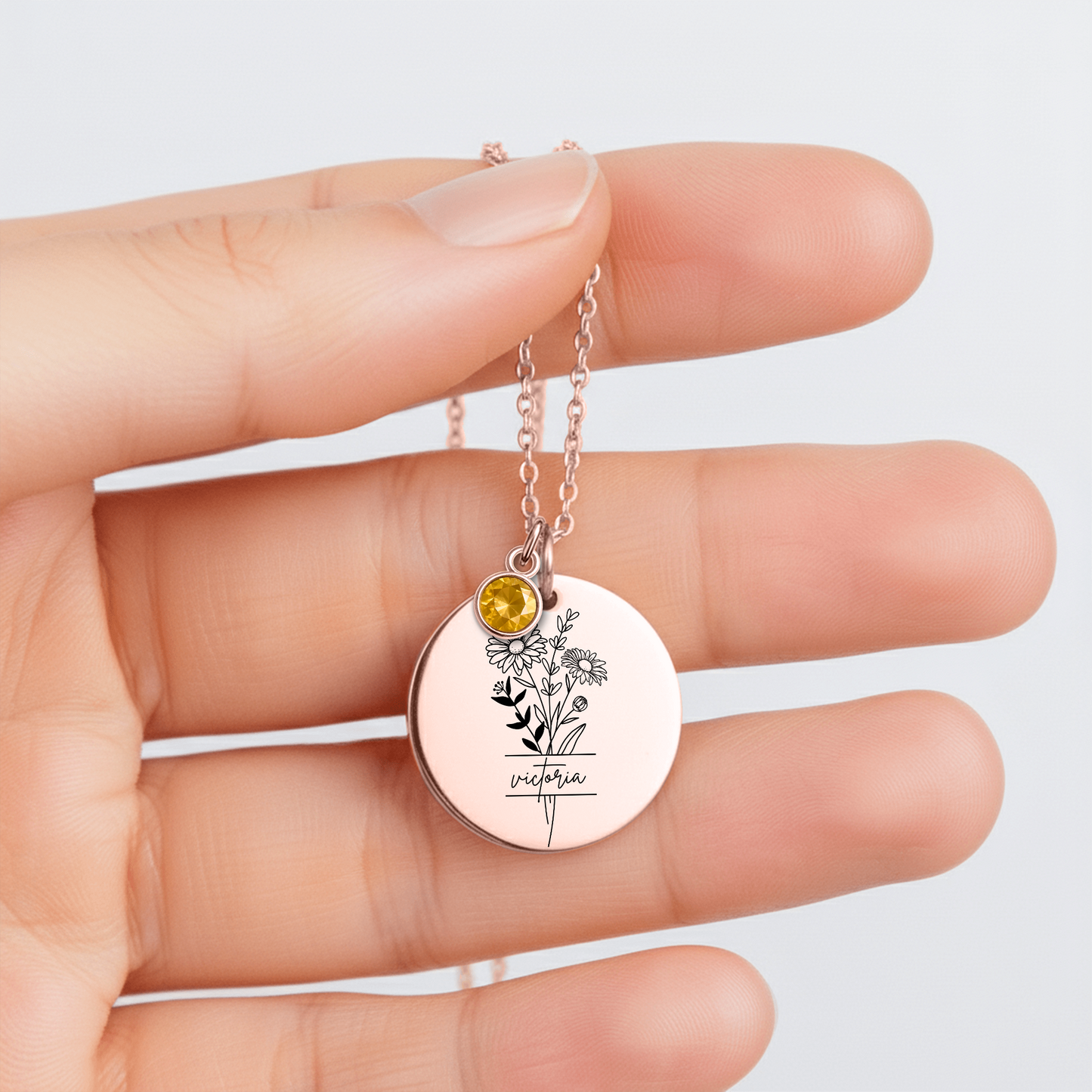 Personalized Name Engraved Floral Coin Necklace with Birthstone Daisy Flower Message Card | Hunting Birthday Christmas Gift Ideas