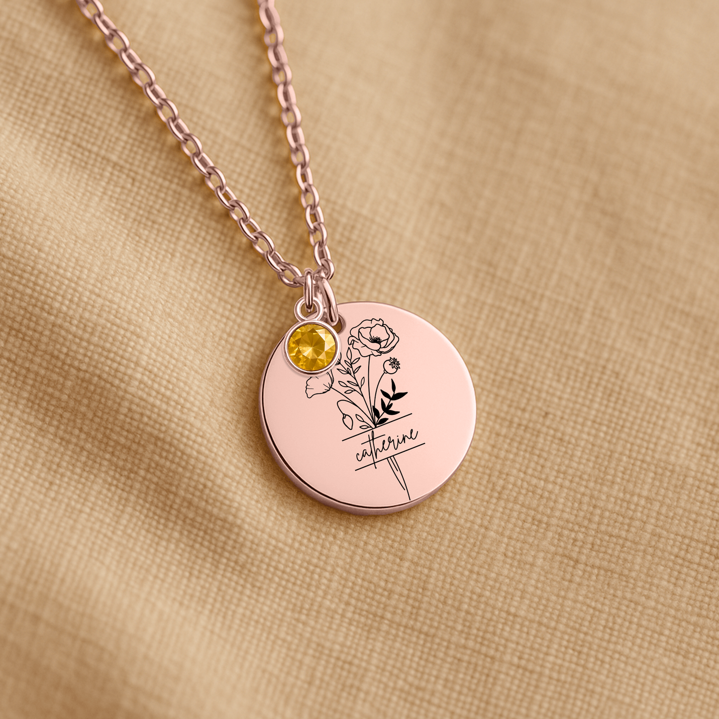 Personalized Name Engraved Floral Coin Necklace with Birthstone Poppy Flower Message Card | Hunting Birthday Christmas Gift Ideas