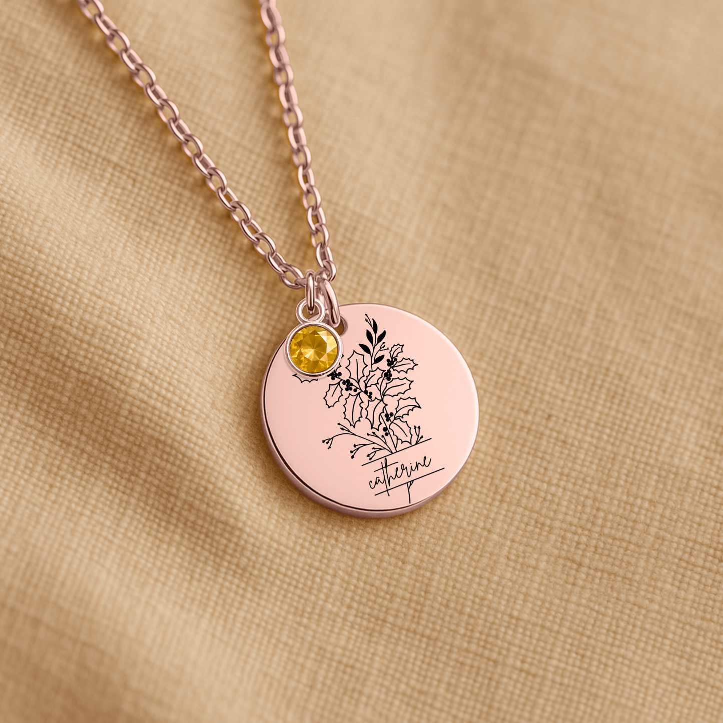 Personalized Name Engraved Floral Coin Necklace with Birthstone Holly & Berries Flower Message Card | Hunting Birthday Christmas Gift Ideas