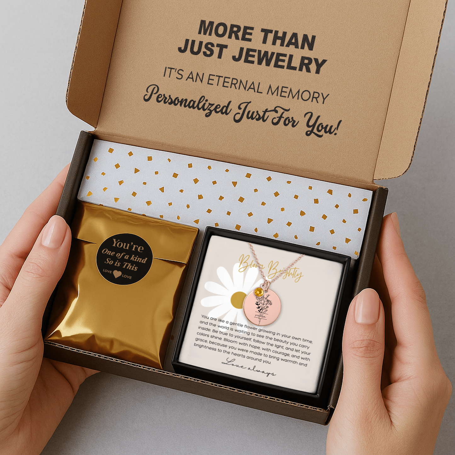 Personalized Name Engraved Floral Coin Necklace with Birthstone Daisy Flower Message Card | Hunting Birthday Christmas Gift Ideas