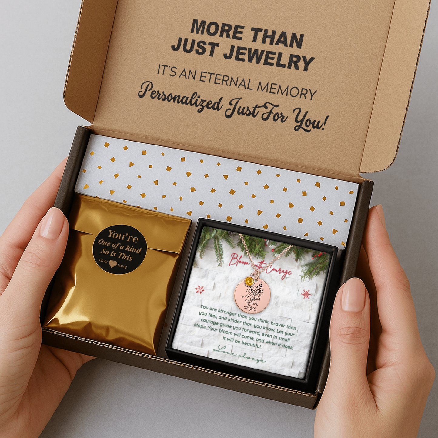 Personalized Name Engraved Floral Coin Necklace with Birthstone Holly & Berries Flower Message Card | Hunting Birthday Christmas Gift Ideas