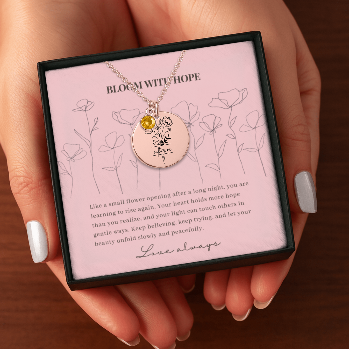 Personalized Name Engraved Floral Coin Necklace with Birthstone Poppy Flower Message Card | Hunting Birthday Christmas Gift Ideas