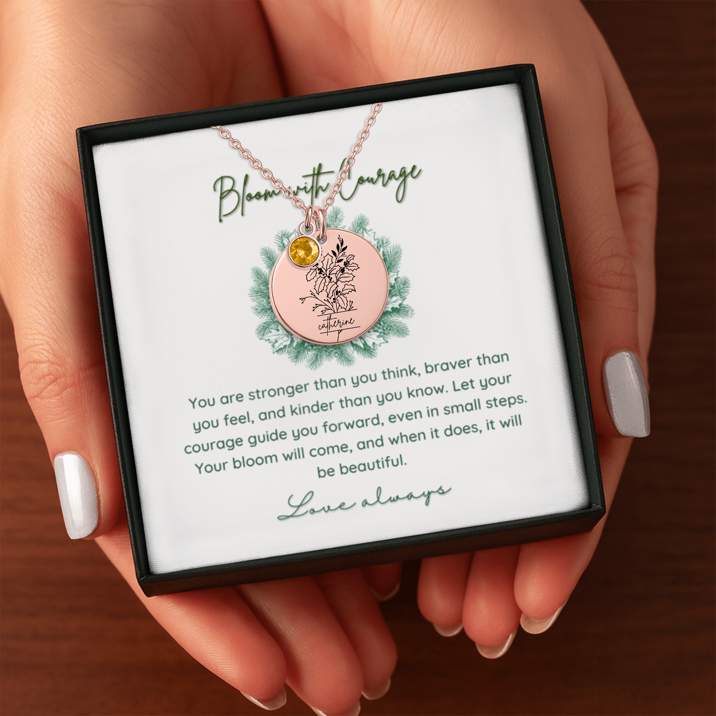 Personalized Name Engraved Floral Coin Necklace with Birthstone Holly & Berries Flower Message Card | Hunting Birthday Christmas Gift Ideas