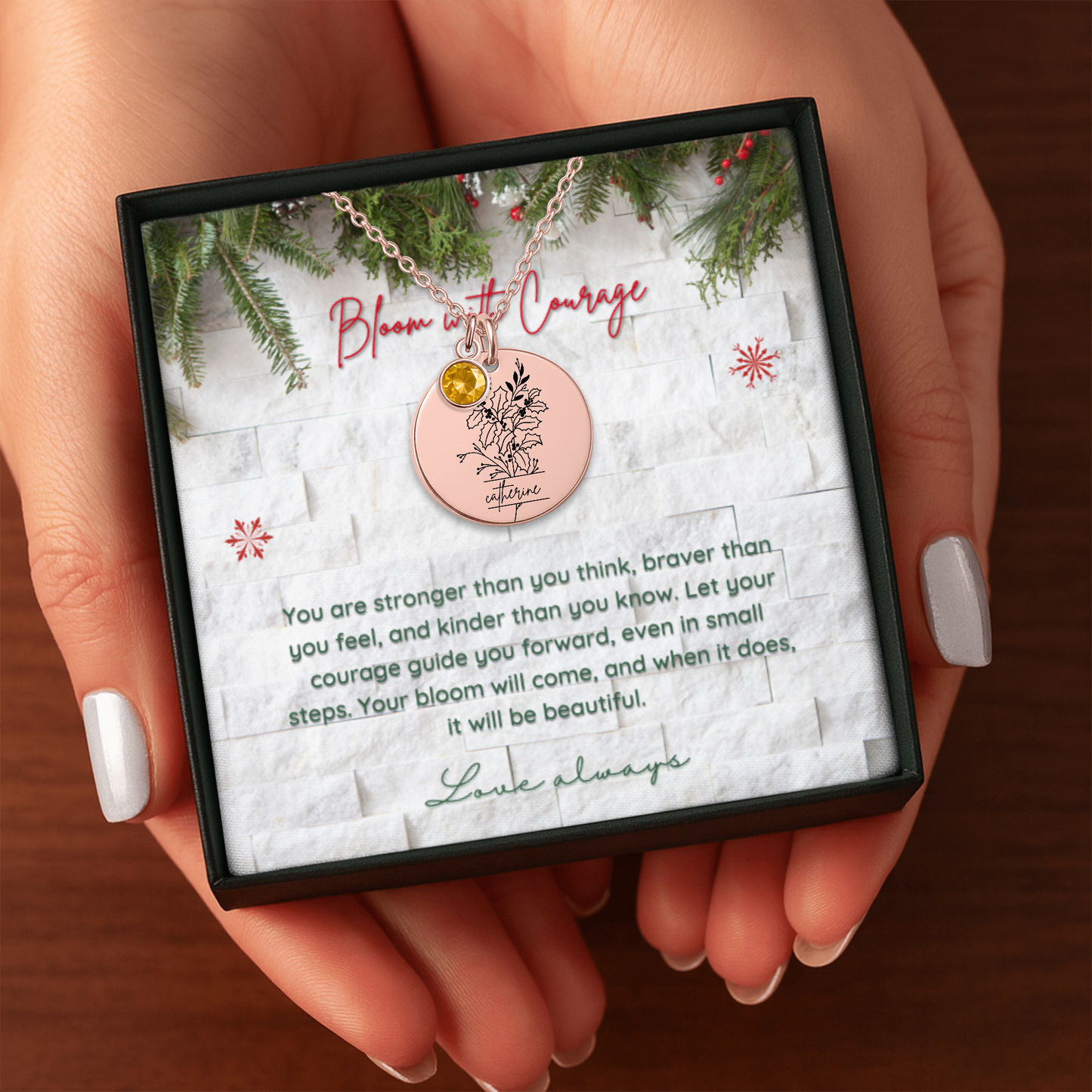 Personalized Name Engraved Floral Coin Necklace with Birthstone Holly & Berries Flower Message Card | Hunting Birthday Christmas Gift Ideas