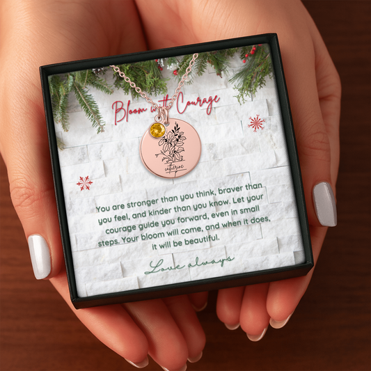 Personalized Name Engraved Floral Coin Necklace with Birthstone Holly & Berries Flower Message Card | Hunting Birthday Christmas Gift Ideas