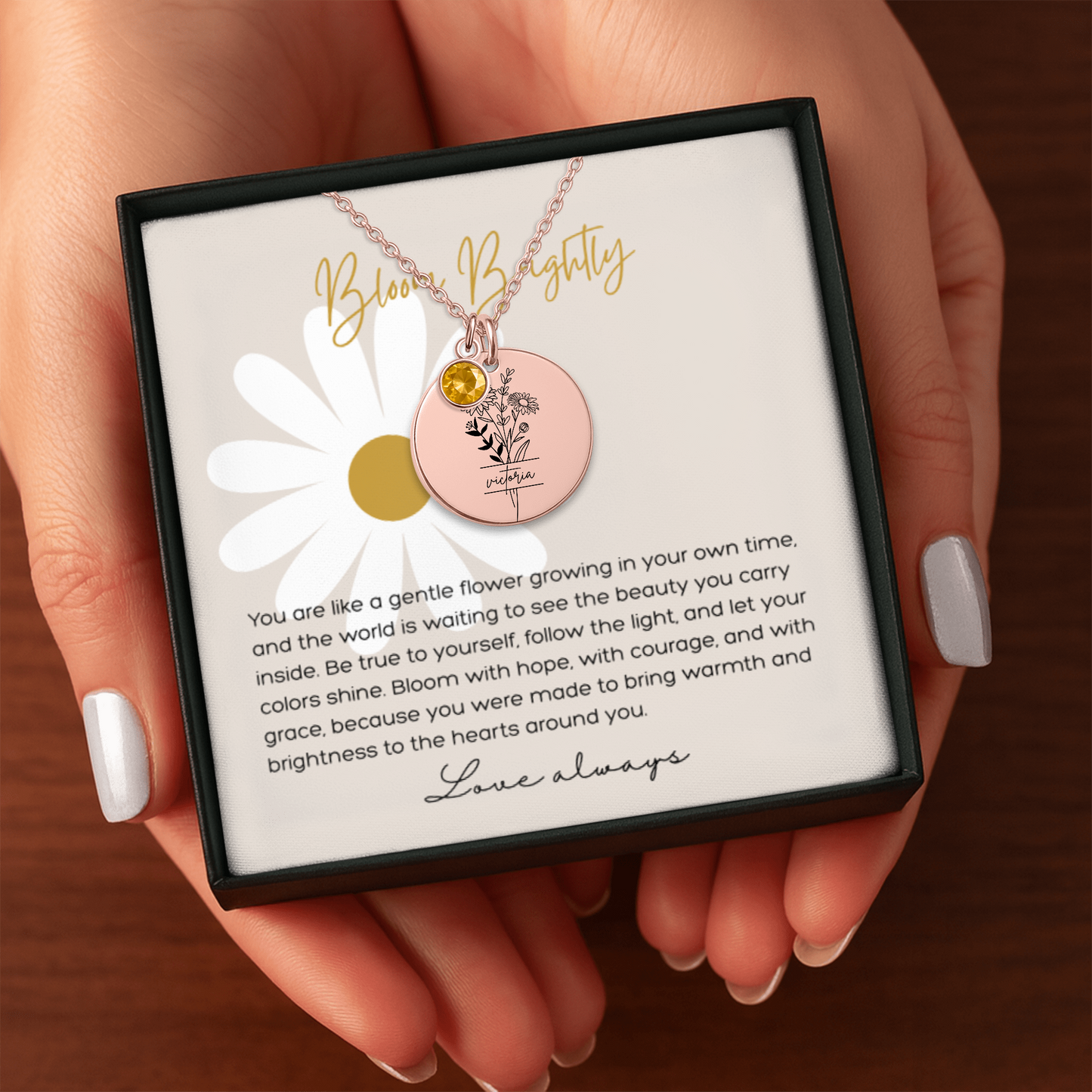 Personalized Name Engraved Floral Coin Necklace with Birthstone Daisy Flower Message Card | Hunting Birthday Christmas Gift Ideas