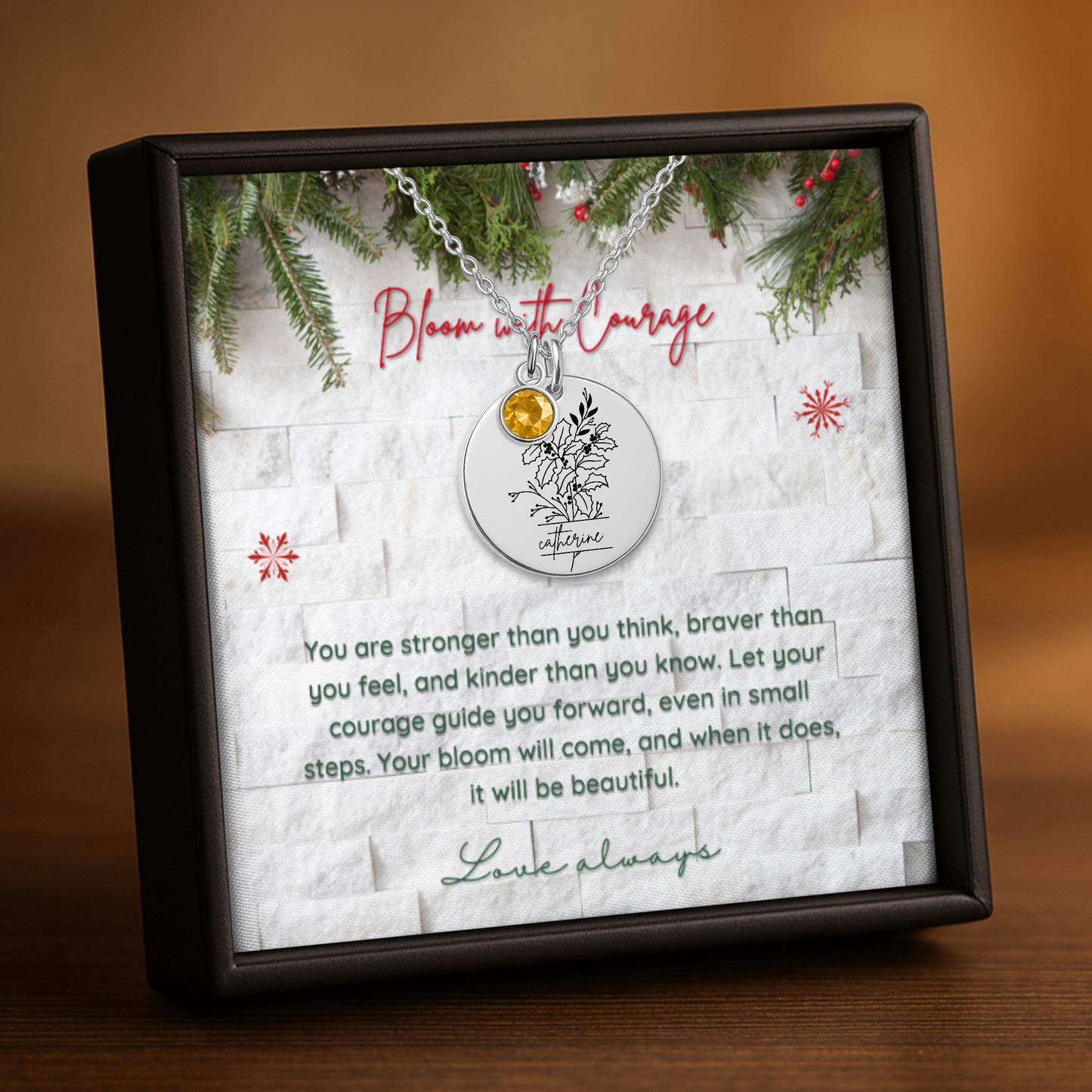 Personalized Name Engraved Floral Coin Necklace with Birthstone Holly & Berries Flower Message Card | Hunting Birthday Christmas Gift Ideas
