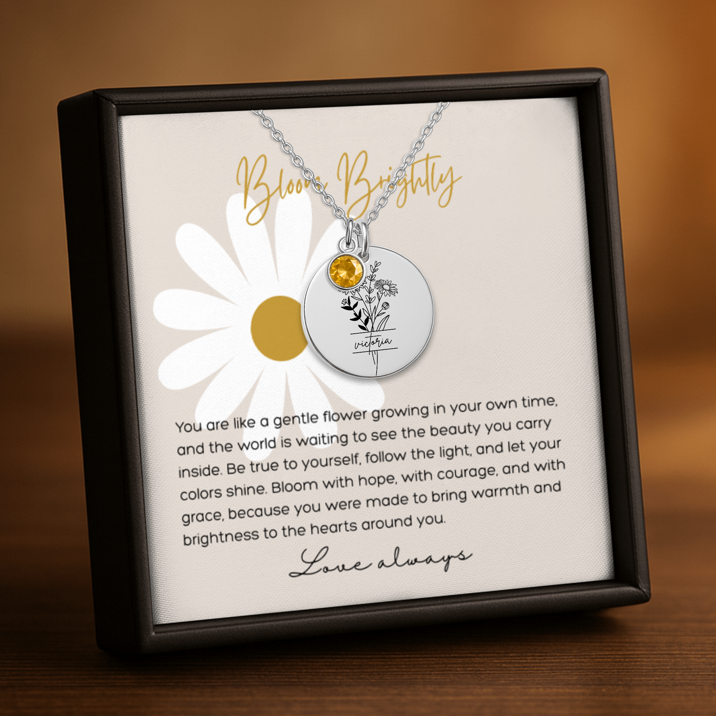 Personalized Name Engraved Floral Coin Necklace with Birthstone Daisy Flower Message Card | Hunting Birthday Christmas Gift Ideas
