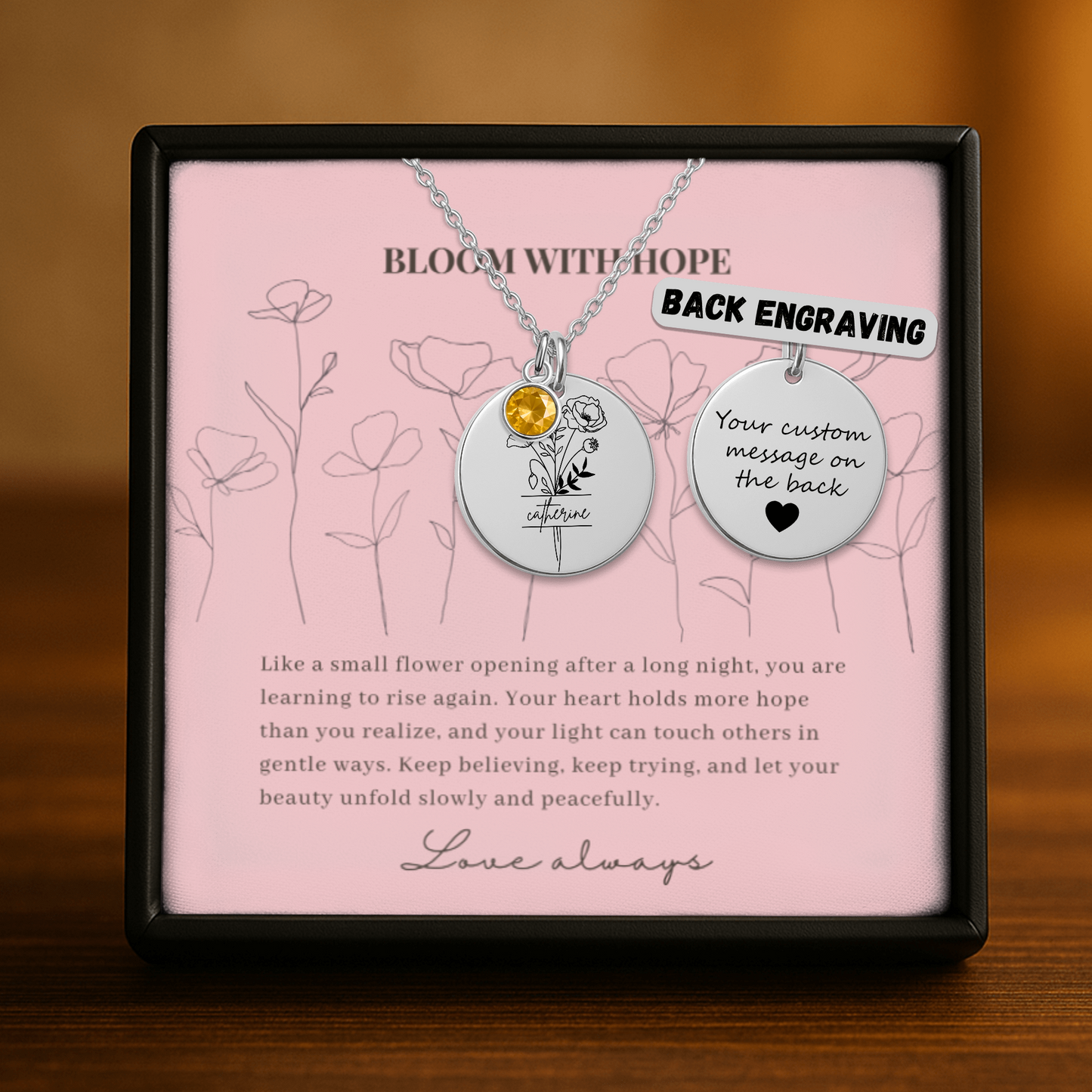 Personalized Name Engraved Floral Coin Necklace with Birthstone Poppy Flower Message Card | Hunting Birthday Christmas Gift Ideas