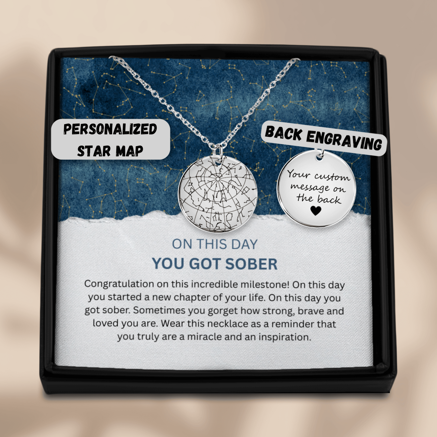 Custom Sober Day Star Map Sobriety Coin Necklace | Anniversary Recovery Encouragement Inspiration Gift for Women