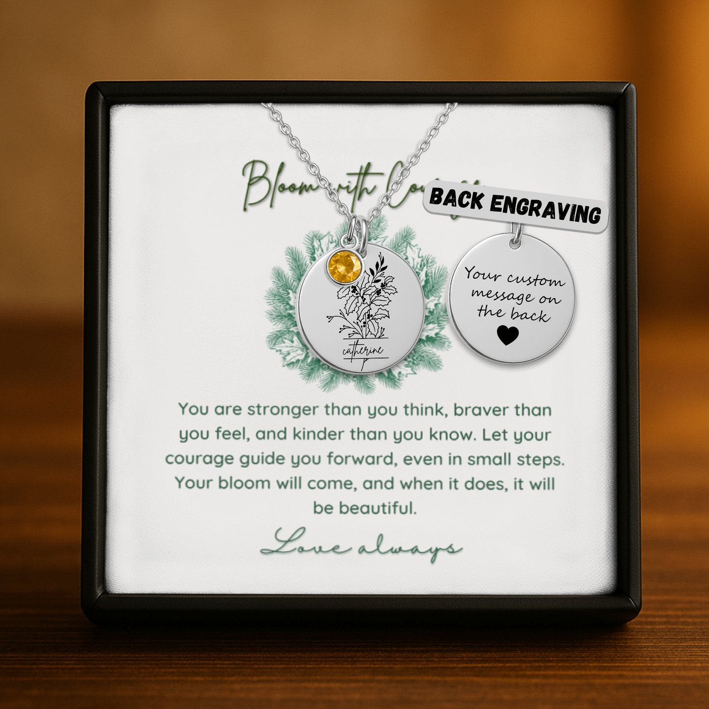 Personalized Name Engraved Floral Coin Necklace with Birthstone Holly & Berries Flower Message Card | Hunting Birthday Christmas Gift Ideas