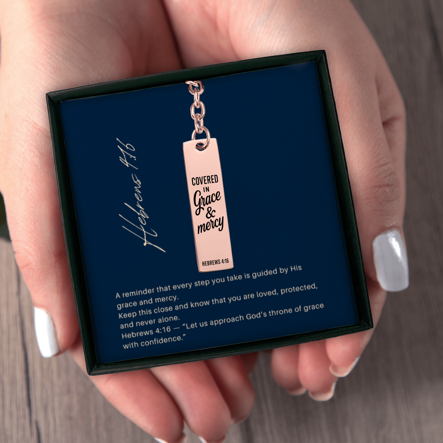 Covered in Grace and Mercy Keychain Engraved Vertical Bar Keychain | Hebrews 4:16 Bible Verse Christian Faith Religious Inspirational Gift Ideas